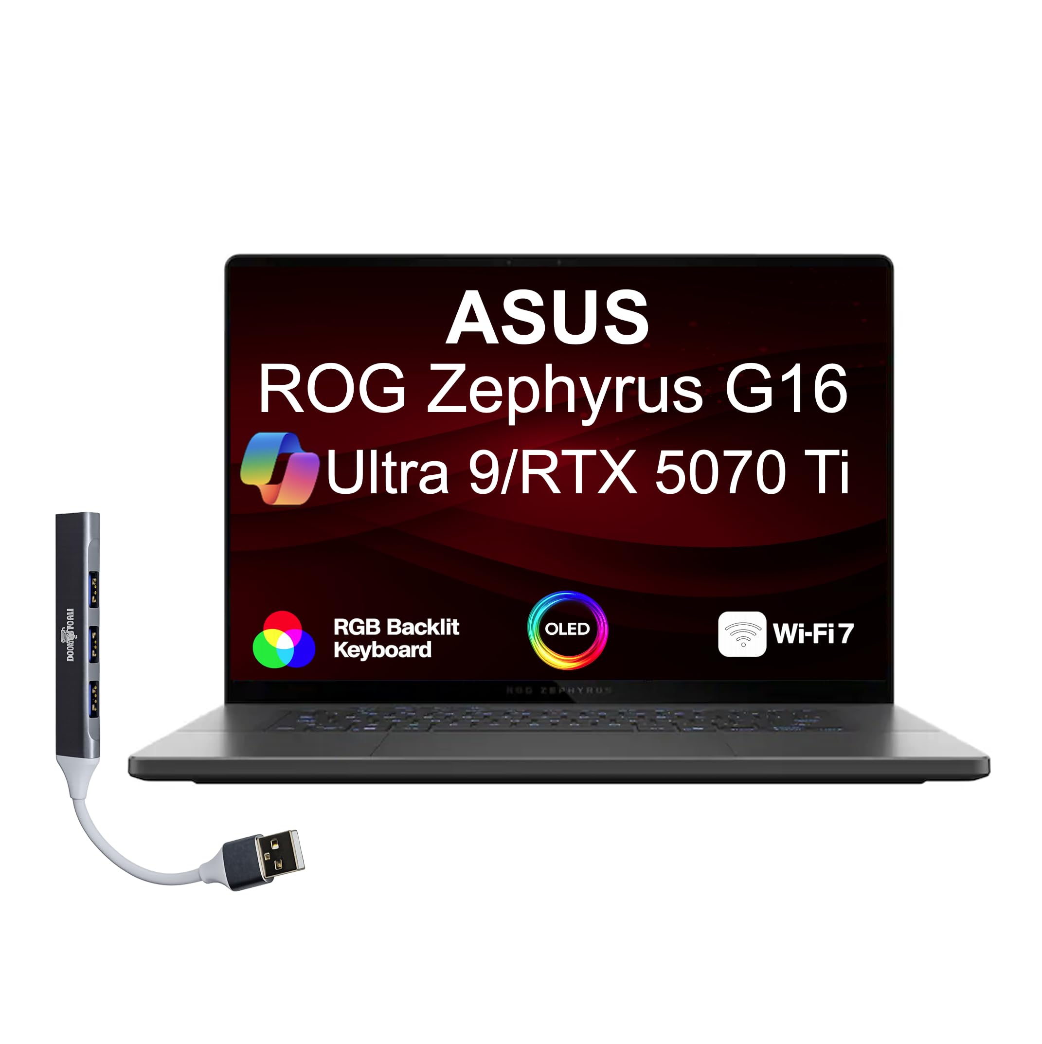 ASUS ROG Zephyrus G16 AI Gaming Laptop 16.0" 240Hz OLED WQXGA Display (Intel Ultra 9-285H, GeForce RTX 5070 Ti 12GB, 32GB LPDDR5X, 1TB SSD, RGB KB, Win 11 Home) w/DKZ USB Port Expander
