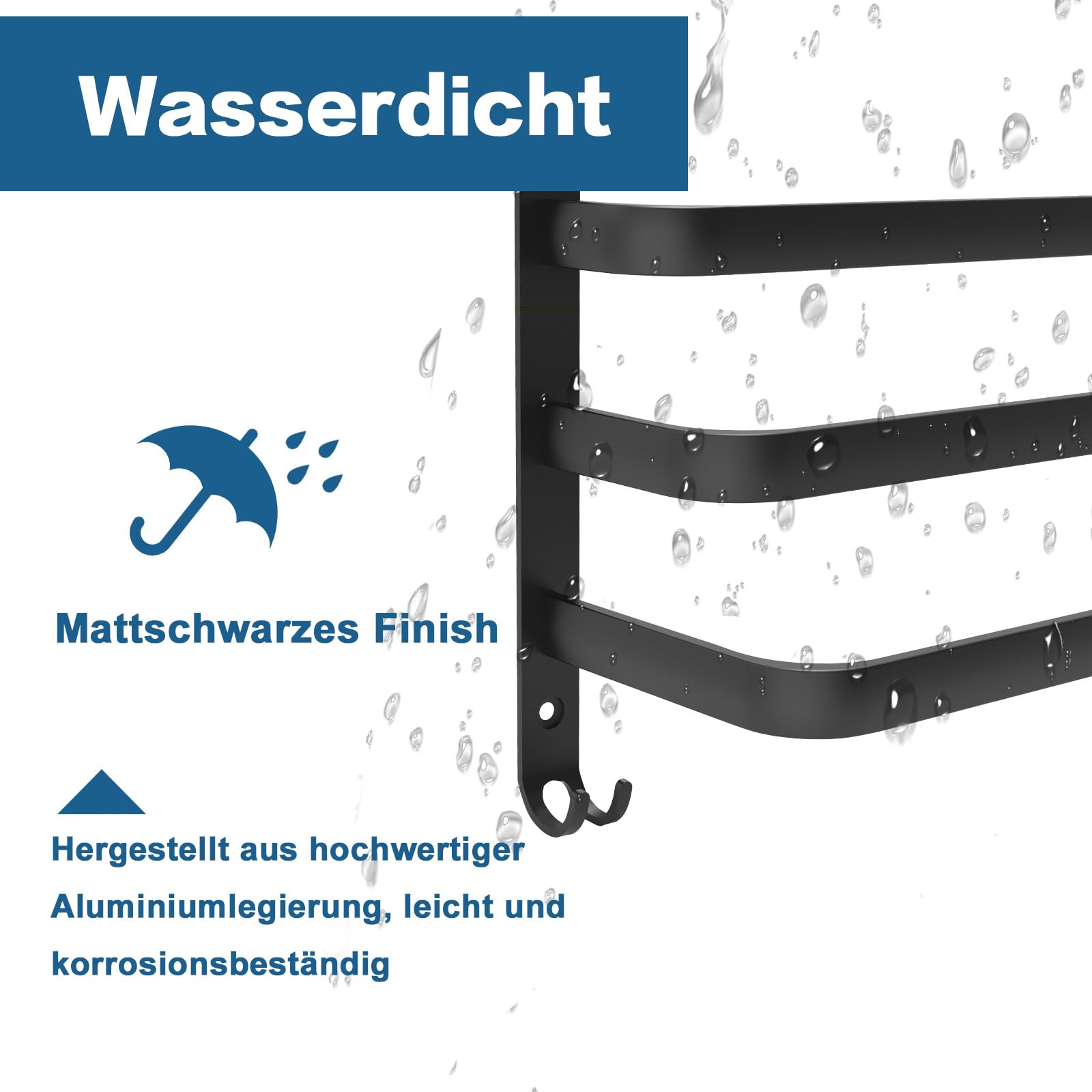 Toallero negro 80 cm, toallero sin taladrar, toallero de aluminio, montaje en pared, barra de 3 pisos con ganchos, toallero para baño, cocina, baño, accesorios