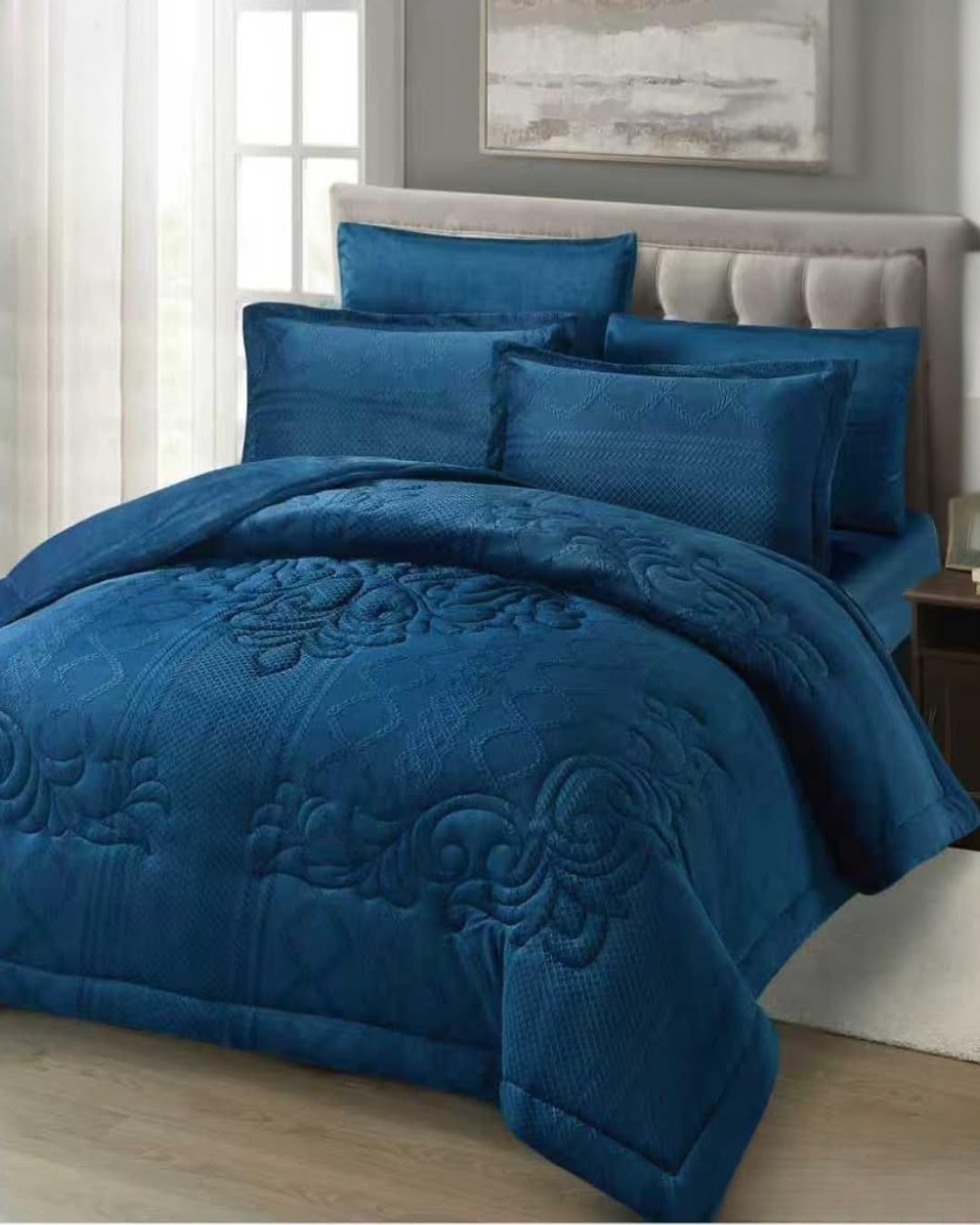 Luxury 6-Piece Floral Bed Comforter Set - 230x250cm Quilted Comforter with 2 Pillowshams, 2 Pillowcases & Fitted Sheet | Comforter Duvet Double Size for All Seasons (Navy Blue)