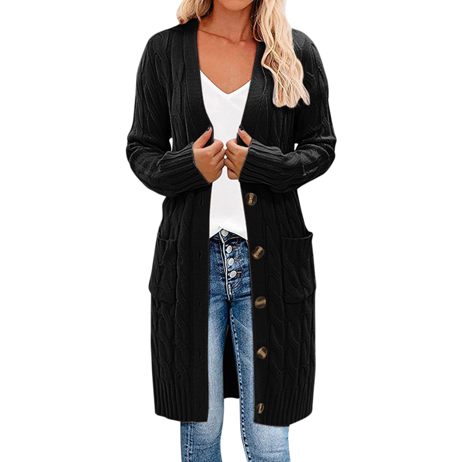 Cárdigan largo de mujer de manga larga cárdigan delantero para entretiempo otoño cárdigan largo elegante ligero casual cárdigan cuello en V acanalado cárdigan de punto con botones de bolsillo