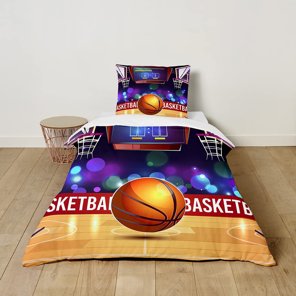 ENEN Kids Single Duvet Cover Set, Boys Girls Duvet Cover with Pillow Case, Comfortable Single Bedding Sets, 3D Basketball Single Bed Duvet Cover for All Season (100x135cm,Match)