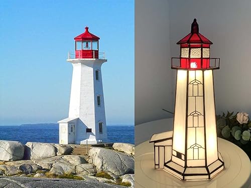 Miniatura 7 de Bieye L10770 Peggy's Cove Lighthouse Tiffany Style - Lámpara de mesa decorativa con vitrales, luz nocturna para decoración del hogar (6x6x12, rojo)