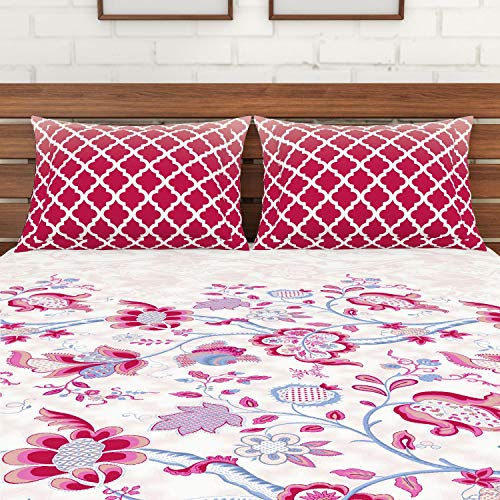 Image of Spaces Atrium 144 TC 100% Cotton King Size Fitted Double Bedsheet with 2 Pillow Covers (Floral, 72 inch X 78 inch Inches ) - Pink