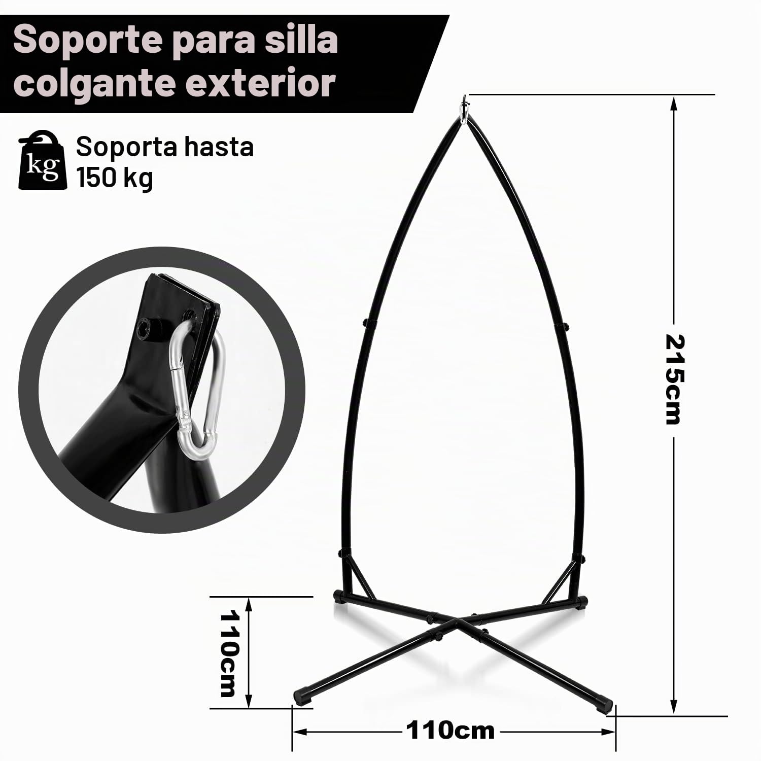 Sonnewelt Hamaca colgante de 150 kg, estructura metálica estable, soporte tubo acero 215 cm interior-exterior
