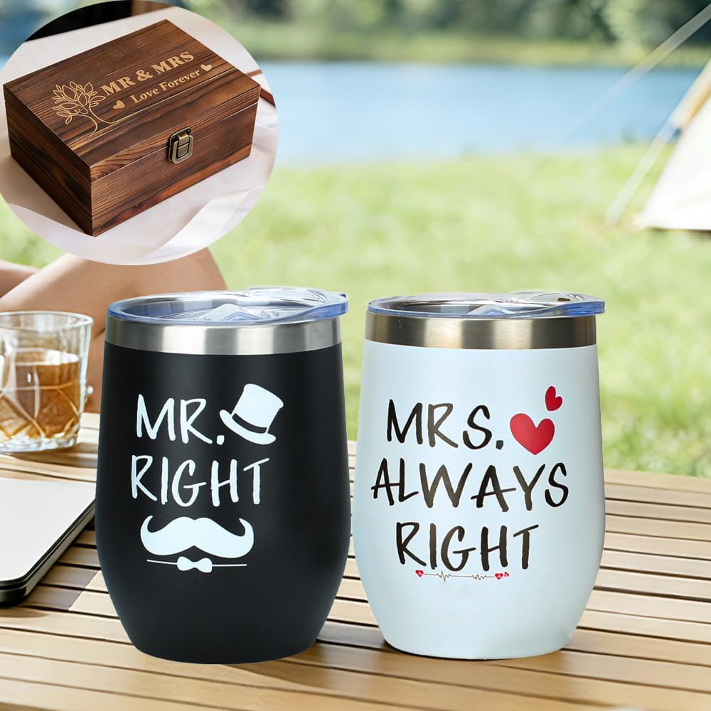 MRPAPA Mr. Right and Mrs. Always Right mug set12 oz stainless steel mug gift set couple mug gift set valentines day mug gift box (White (MRS) &Black(MR)) - Image 3