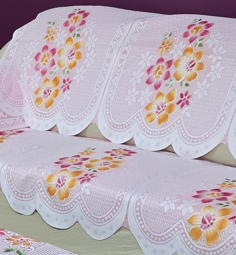 Image of Fab Nation Sofa Cover L Shape 7 Seater with Corner L Type Sofa Set for Living Room | Cotton Sofa Slipcovers for 4 + 3 Seaters Cover with 2 Arms + 2 Setty Covers + 1 Table Cover | Pink Flowers