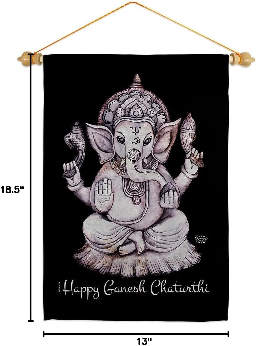 Ganesh Chaturthi Garden Flag Set Wood Dowel Religious Vinayaka Chaturti Hindu Festival Chavathi Chouthi Ganeshotsav Small Decorative Gift Yard House Banner Made In USA 13 X 18.5
