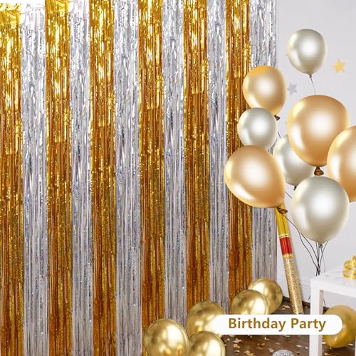 Image of BEISHIDA Gold Silver Door Streamers Backdrop Foil Fringe Tinsel Party Streamers Curtains Photo Backdrop - 2Pcs for Birthday Graduation Bachelorette Party Decoations