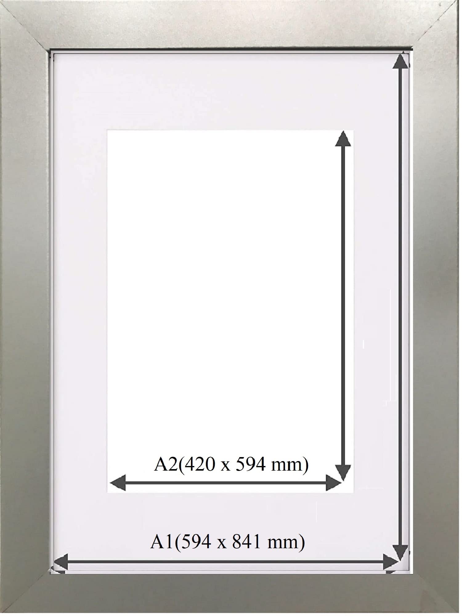 Modern A1(59.4 x 84.1 cm) Picture Frame With Mount Photo Frame for Image Size A2(42x59.4cm), With Clear Plexiglass Sheet, to Hang Portrait or Landscape (SILVER)
