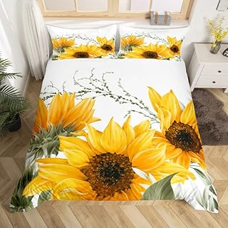 Feelyou Sunflower Bedding Set Watercolor Botanical Branches Kids Comforter Cover Set for Boys Girls Floral Print Duvet Cover Breathable Nature Theme Bedspread Cover Room Decor Quilt Cover Twin Size