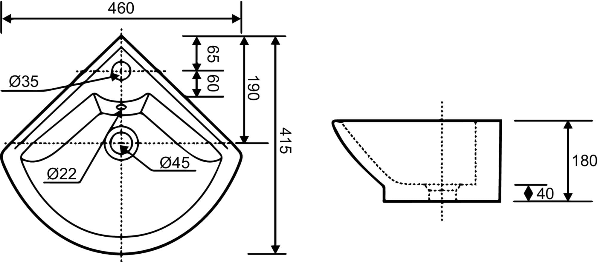 Lave-mains à suspendre PIVOINE Blanc 46cm angle espace vasque | Livré sans bonde, optimisé, trop plein trou robinetterie, vidage, Installation simple et rapide, finition soignée
