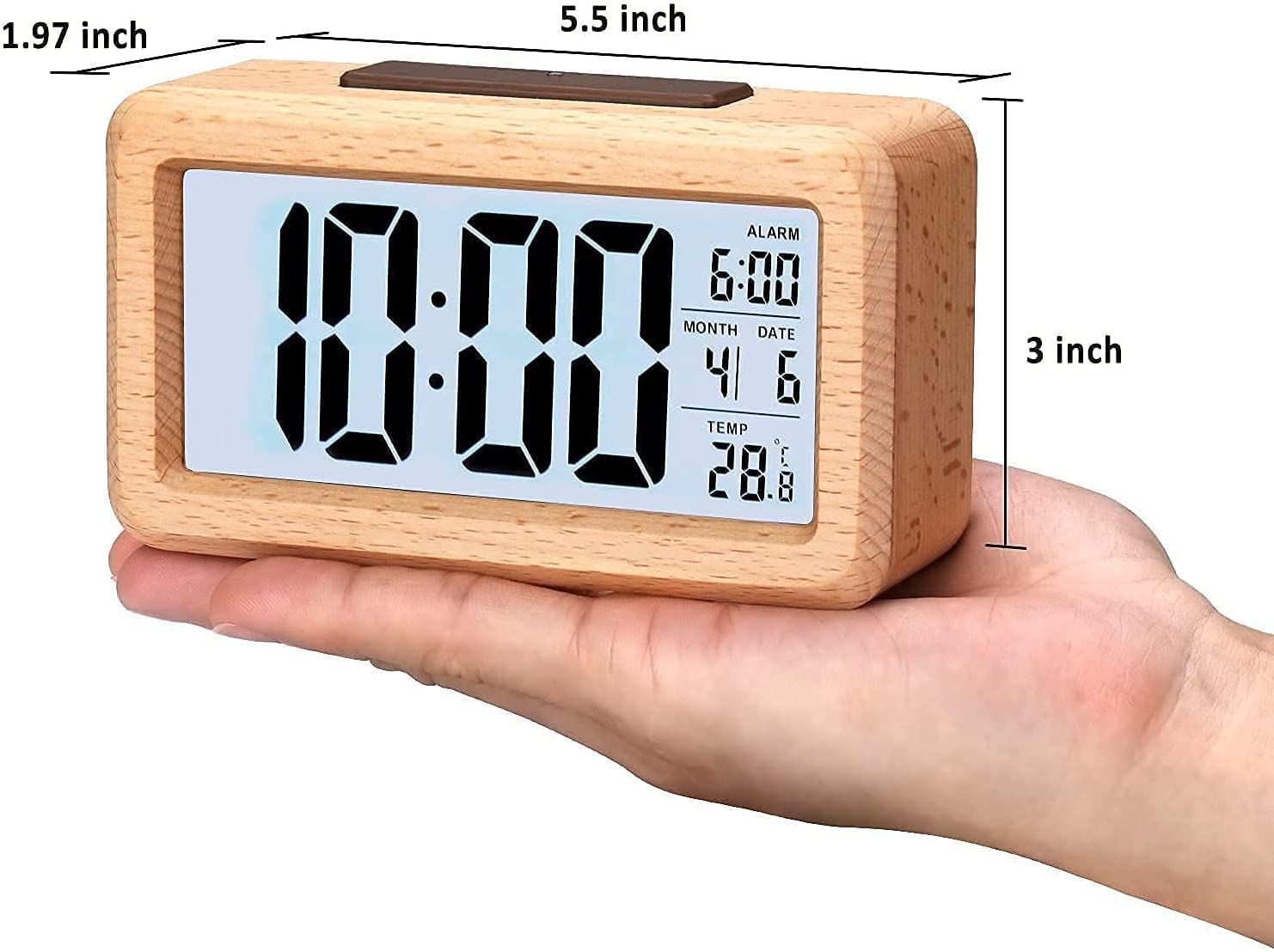 JJJ WTL Budzik duży wyświetlacz LED, budzik z motywem słojów drewna, inteligentny czujnik lampka nocna, drzemka i temperatura, zasilanie bateryjne, prostopadłościan budzik do sypialni (kolor: Beżowy)