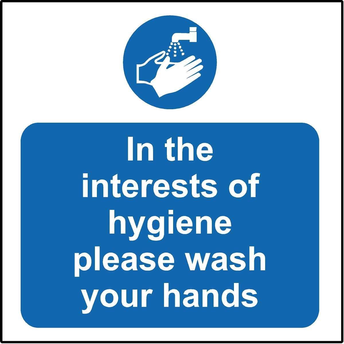 Hygiene catering In the interest of hygiene please wash your hands safety sign - Self adhesive sticker 200mm x 200mm