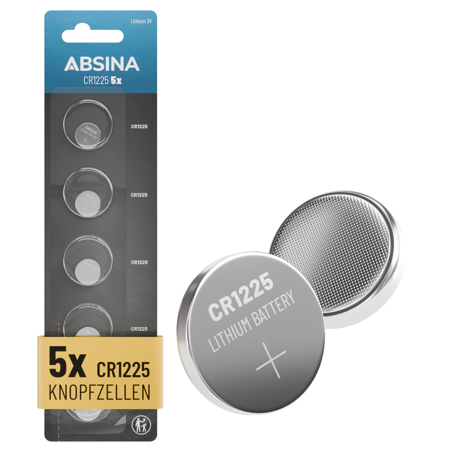 ABSINA 5X CR1225 Knopfzelle 3V Lithium - CR 1225 auslaufsicher & Lange Haltbarkeit - Lithium CR1225