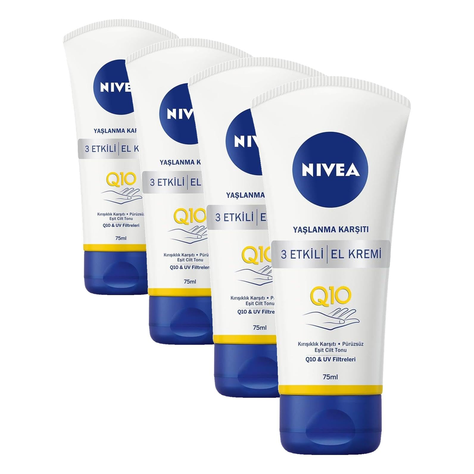 NIVEA Q10 Yaşlanma Karşıtı 3 Etkili El Kremi, 75 ml, Yoğun Nemlendirici (4 paketi)