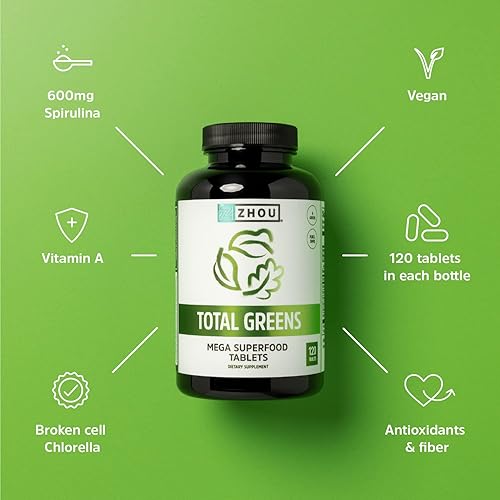 Miniatura 4 de Zhou Total Greens - Suplementos Super Greens, píldoras vegetarianas diarias, tabletas de superalimentos, suplementos vegetales para adultos,