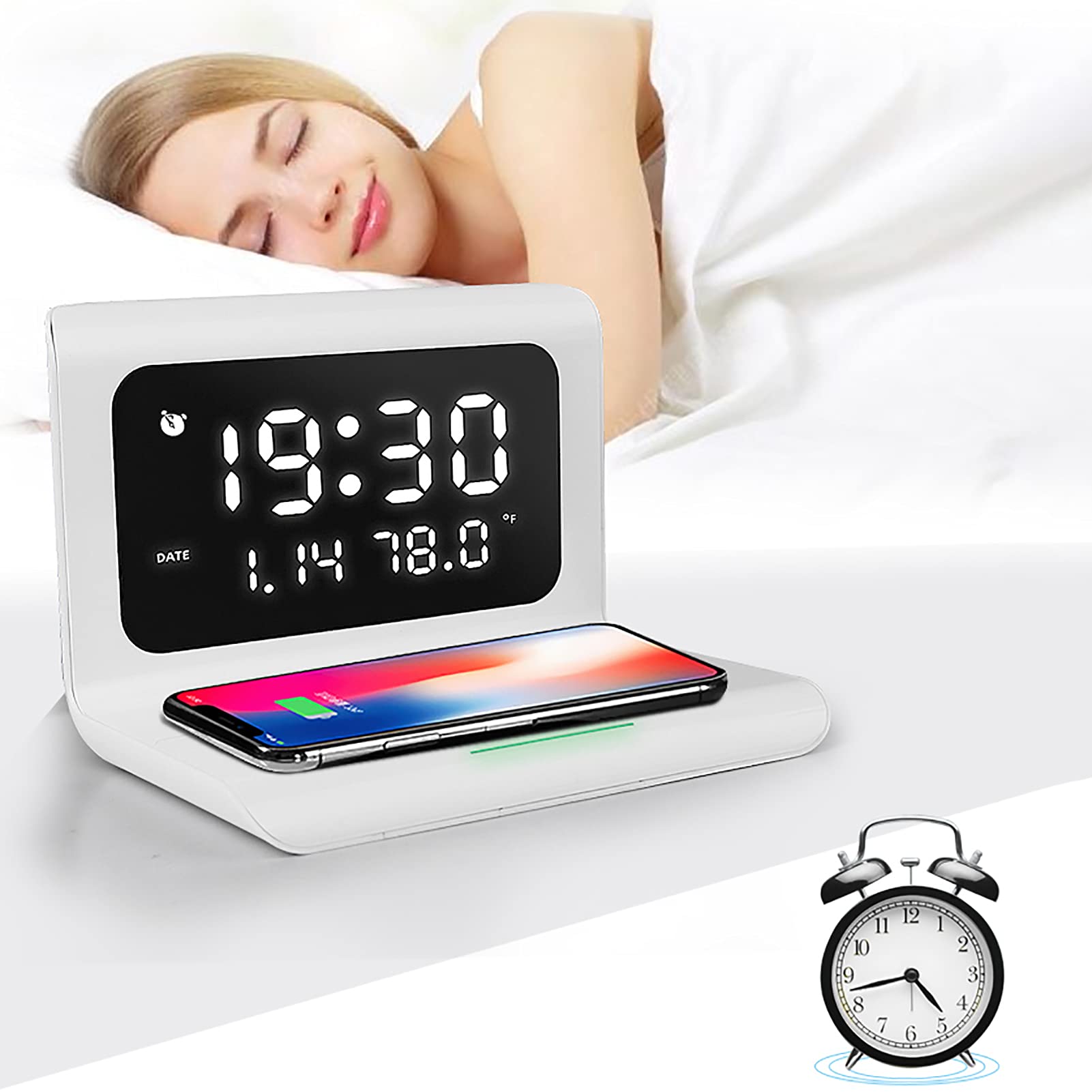 Reloj Despertador Cargador inalámbrico Pantalla LED Reloj Digital con Fecha Calendario Temperatura para el hogar Pantalla LED Grande(Blanco)