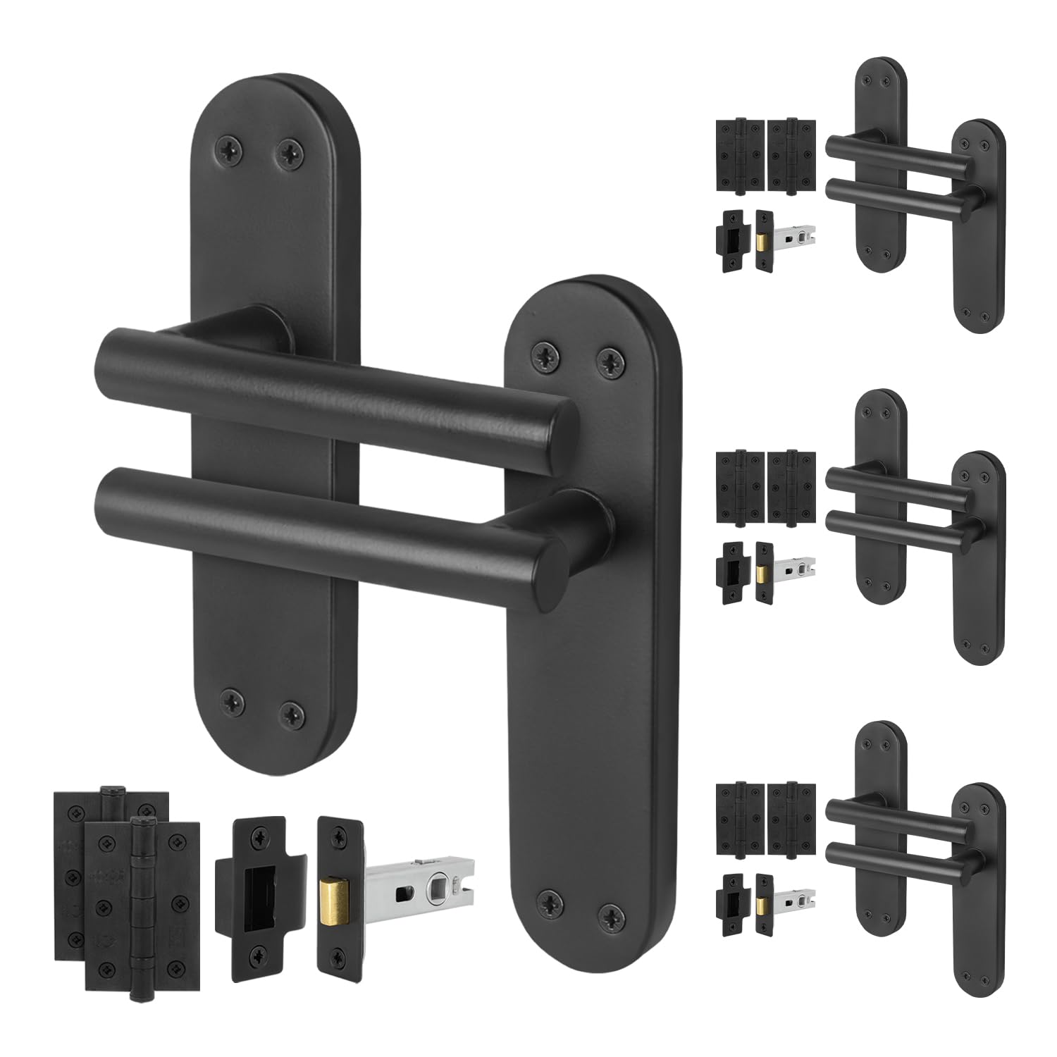 Eai Matt Black Black Door Handle Latch Set, 4 Pair Internal T-Bar Handles, Hinges (76Mm) Latches (64Mm) - Oliena
