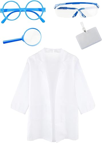 Miniatura 7 de Disfraz de 5 piezas para niños, uniforme de científico, bata de laboratorio para niños, niñas, disfraz de Halloween, cosplay, fiesta de ocupación