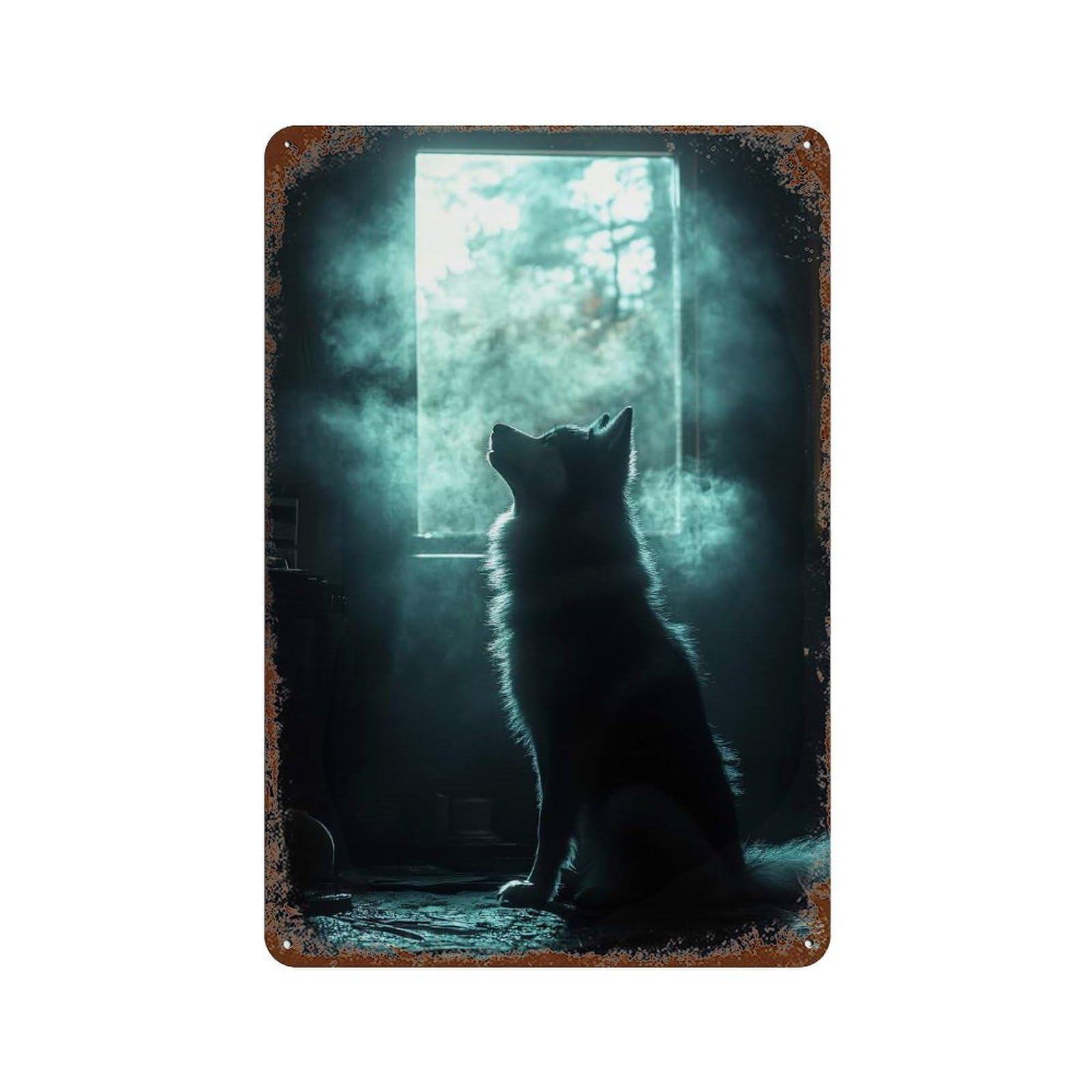 Silhouette of A Dog by Window Retro Metal Sign 11.8"x7.9", for Bistro, Counter And Cafe Decor, Rustic Home Decor