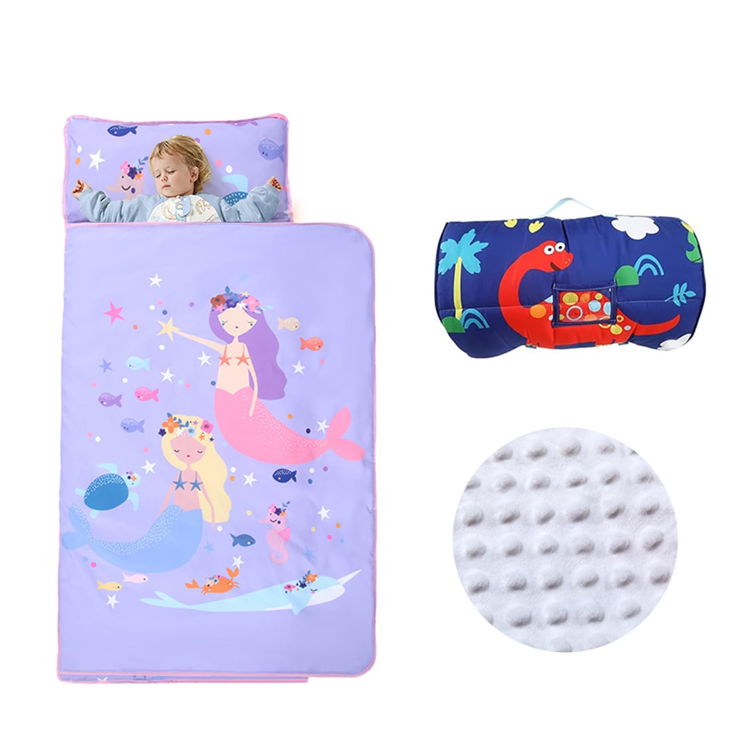 Sac de Couchage Chaud pour Enfants avec Oreiller Amovible, Tapis de Sieste Pliable pour Filles et Garçons, Couverture de Sieste avec Double Fermeture Eclair pour Camping