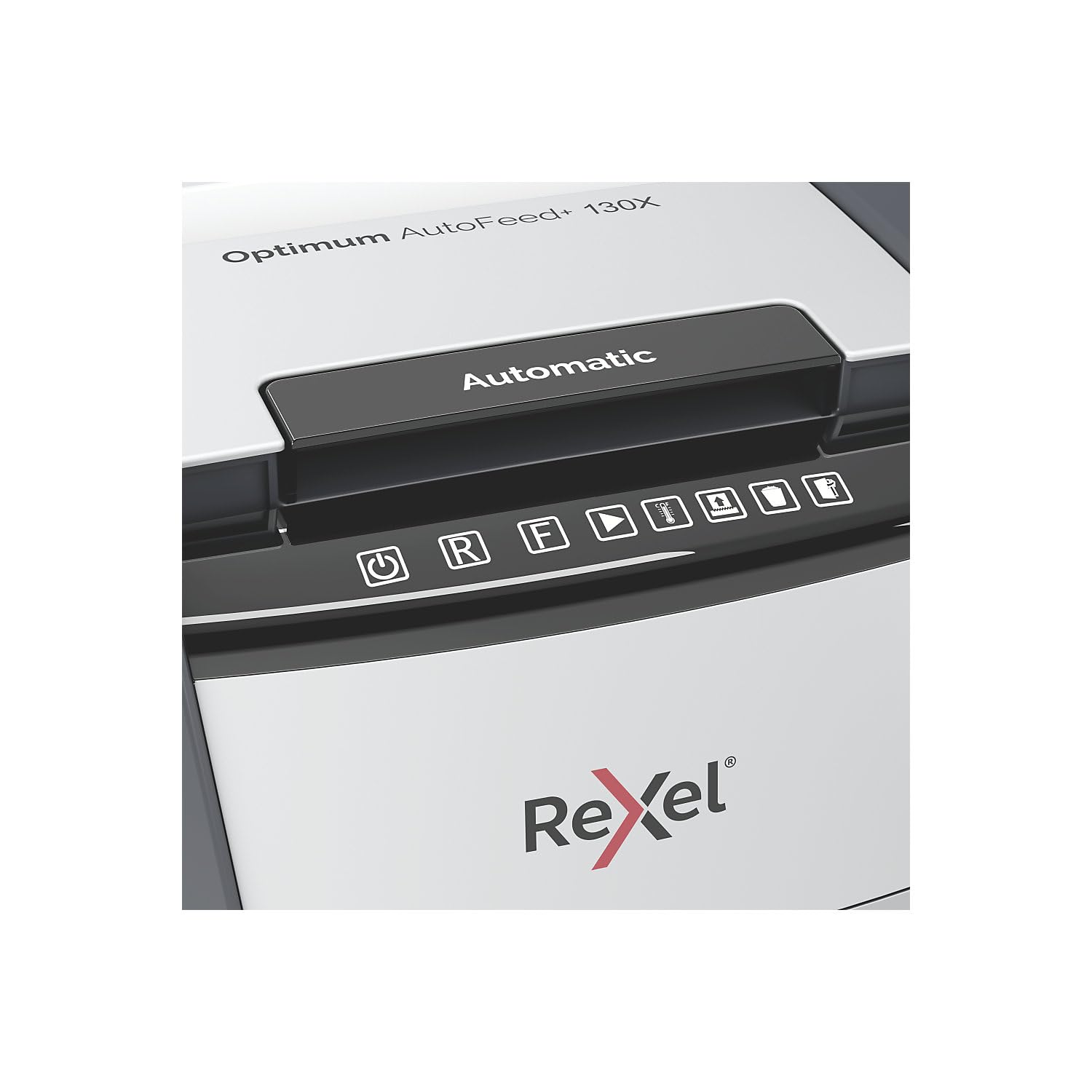 Rexel Optimum AutoFeed+ 130X Distruggidocumenti automatico CH, 130 fogli, livello di sicurezza P4, taglio a particelle, per piccoli uffici, contenitore per rifiuti da 44 litri, con spina di