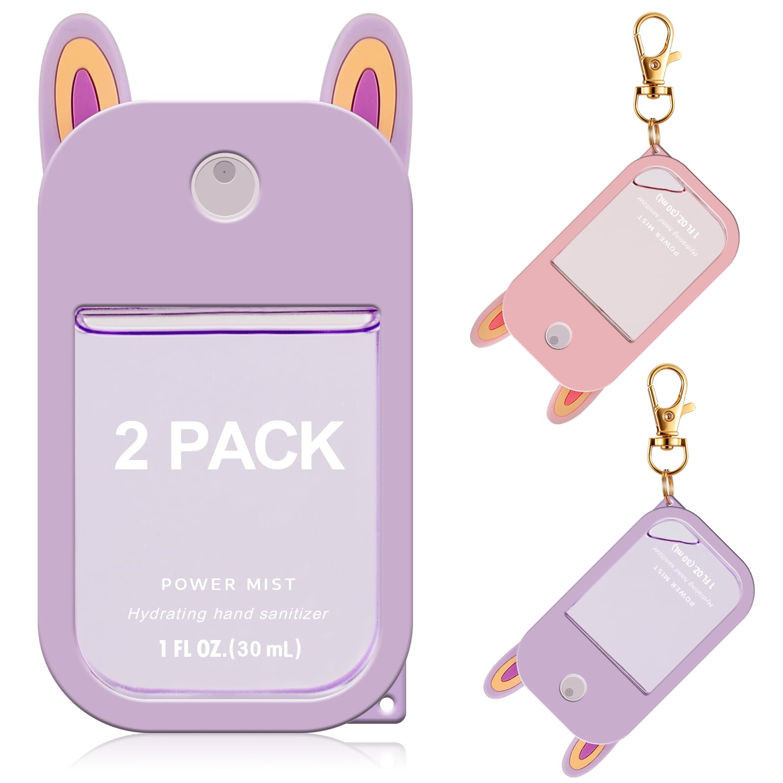 2 Pack Silicone Case for Touchland Hand Sanitizer Spray 1 FL OZ/30 mL,Purple&Pink Portable with Keychain,Protective Cover Compatible with Touchland, Hand Sanitizer Holder With Cute Ear-image-1