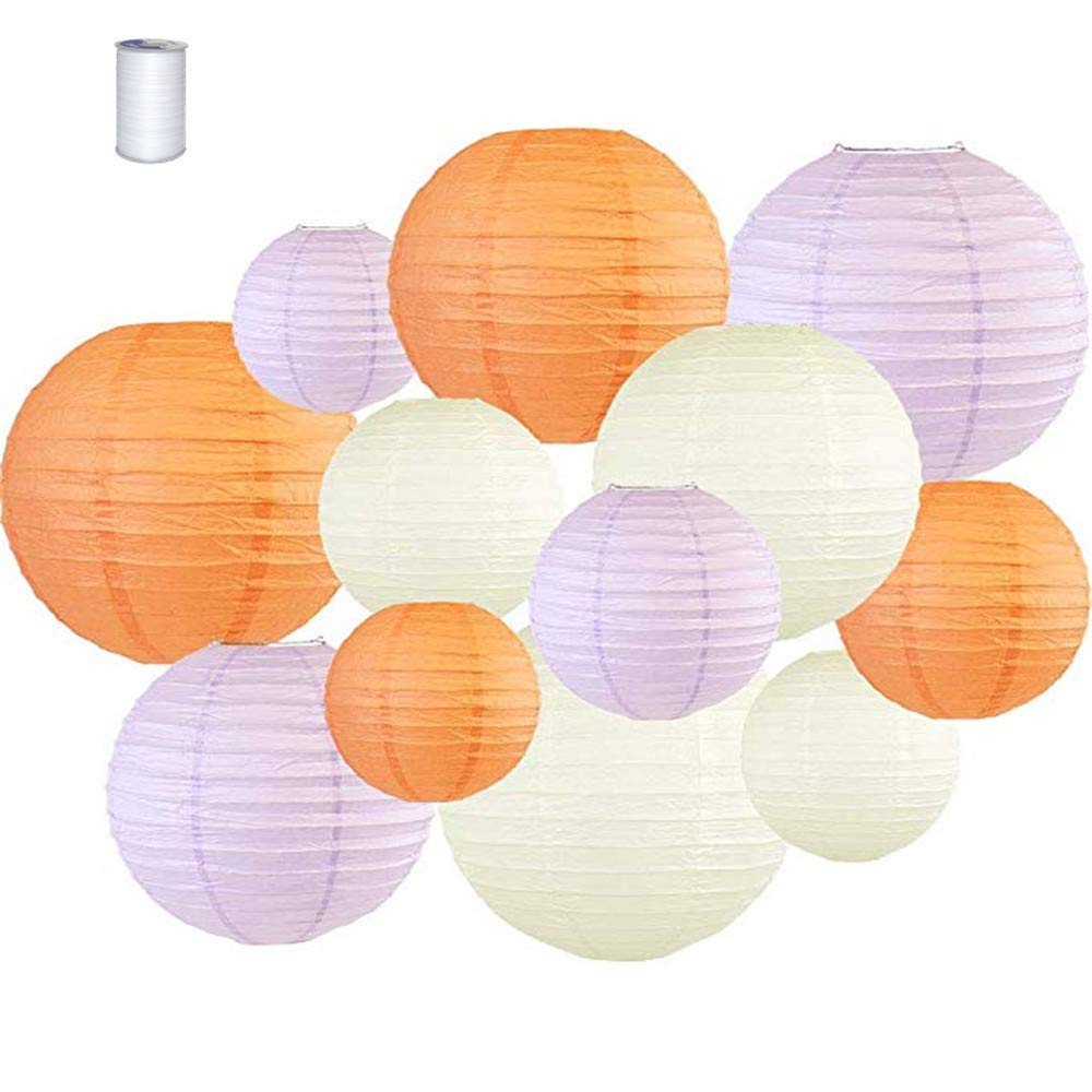Chinese Round Paper Lanterns, Treer 12pcs Assorted Sizes & Colors Lamp Shades Garland for Festival Wedding Birthday Party Indoor Outdoor Decorative (Peach/Lavender)