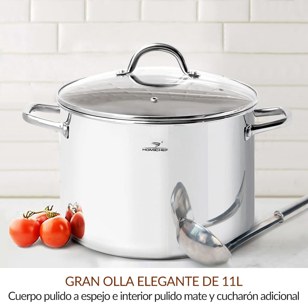HOMICHEF Olla grande de acero inoxidable sin níquel con tapa (29 cm, 11 litros) - Olla sopera pesada pulida espejo 11L con tapa