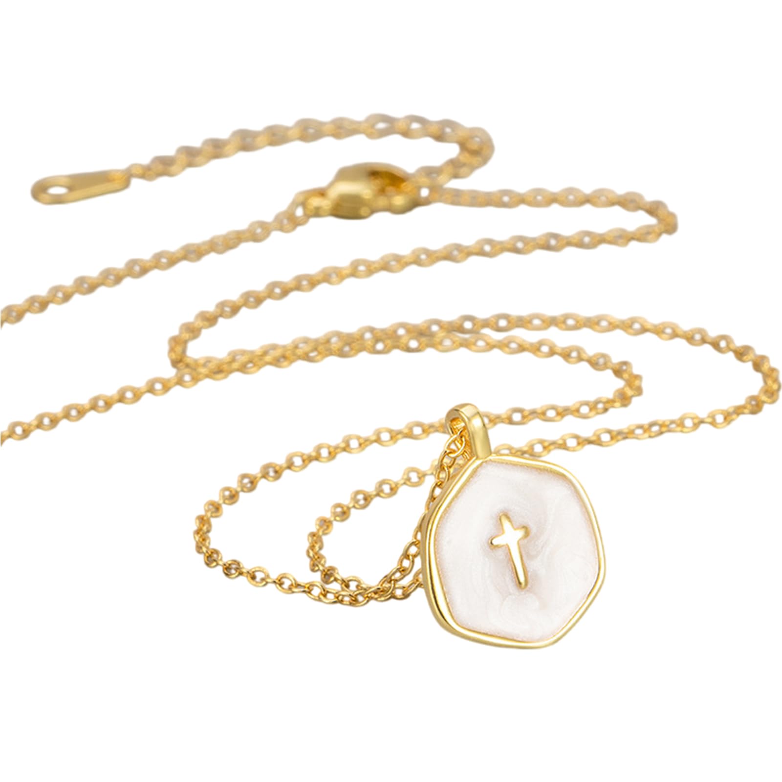 Women's Gold Necklace, 14k Gold Plated Cross Necklace with Mother-of-Pearl Disc, New Fashionable and Exquisite Necklace (2026), Elegant Christian Pendant, Good Luck Charm, Simple