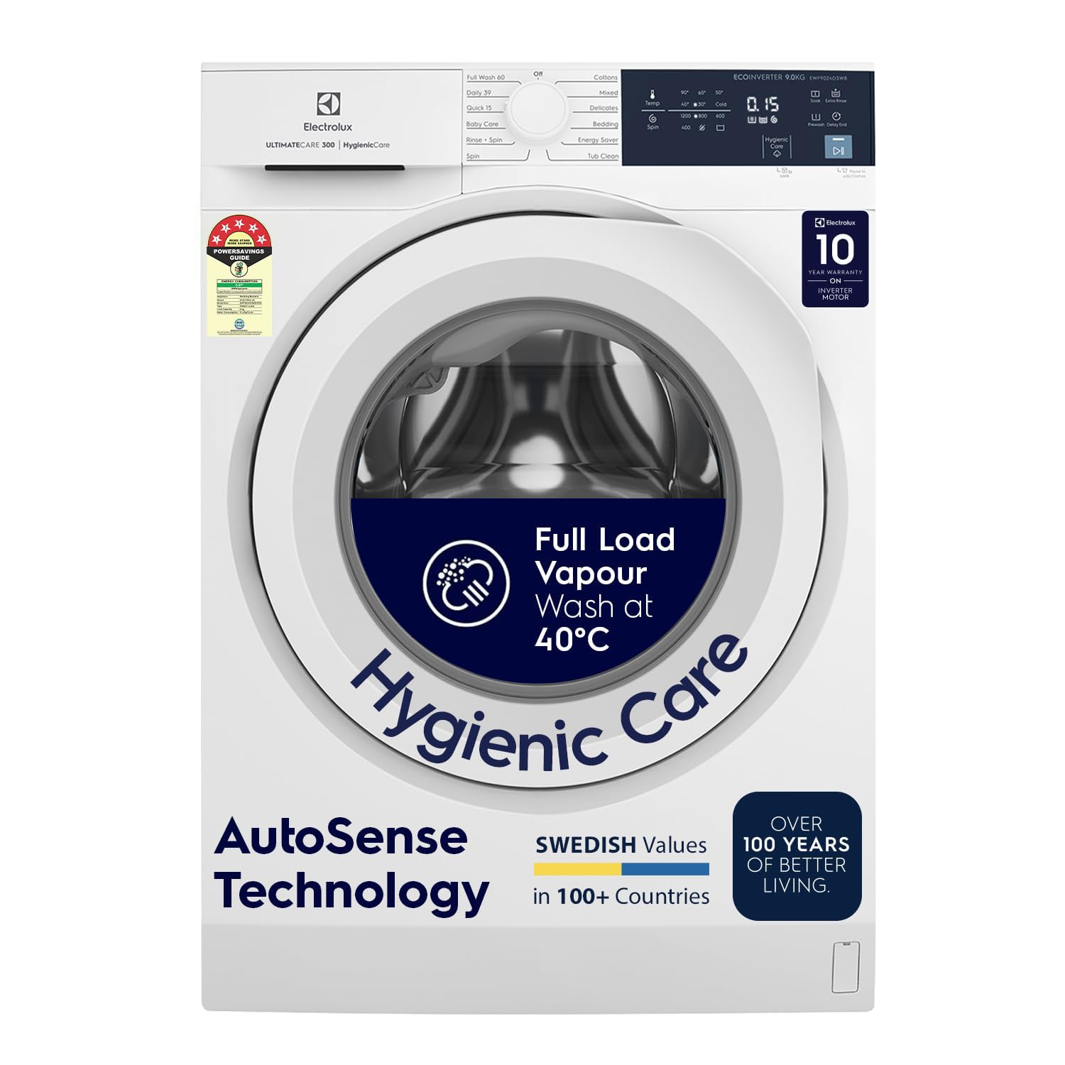 Electrolux 9kg 5 Star EcoInverter Fully Automatic Front Load Washing Machine, Full Load Vapour Wash for Sustainable Clothing, Hygienic Care, White, UltimateCare 300, EWF9024D3WB