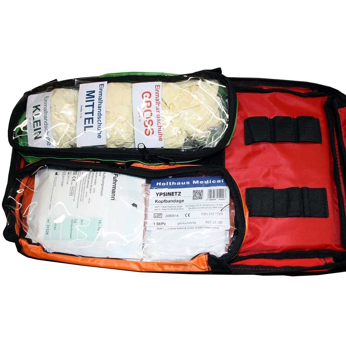 Erste Hilfe Notfallrucksack Sport Freizeit & Event - Planenmaterial Rot - Gelbe Reflexstreifen
