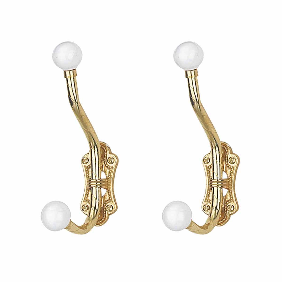 Renovators Supply Manufacturing Victorian Double Coat Hook 6.25" Long Decorative Brass Polish White Porcelain Ball Tip Style Wall Mount Hangers for