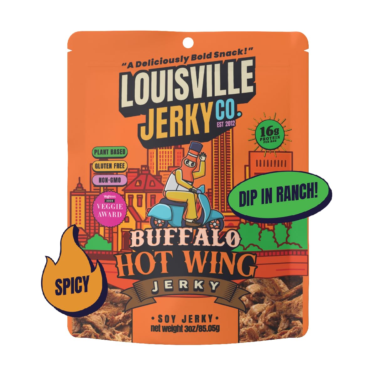 Buffalo Hot Wing Vegan and Vegetarian Meat - Lip-Smacking Jerky - Gluten-Free High Protein Vegan Snacks 18 grams of Non-GMO Soy Protein, 280 Calories Per Bag