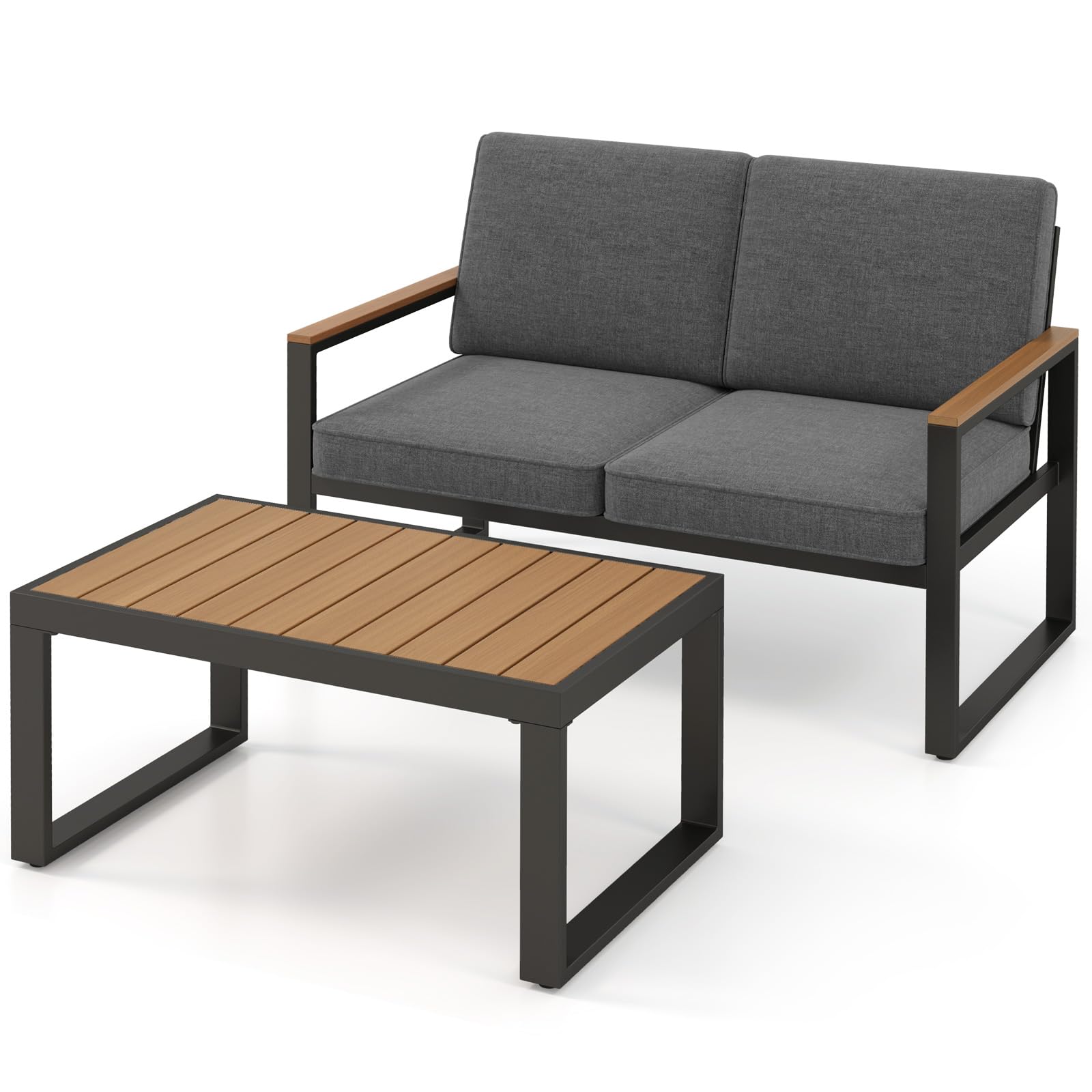 GIANTEX Set di mobili da giardino da balcone, resistente alle intemperie, con telaio in alluminio, set da 2 posti, divano e tavolino da caffè, con cuscino, set da balcone per 2 persone, set da