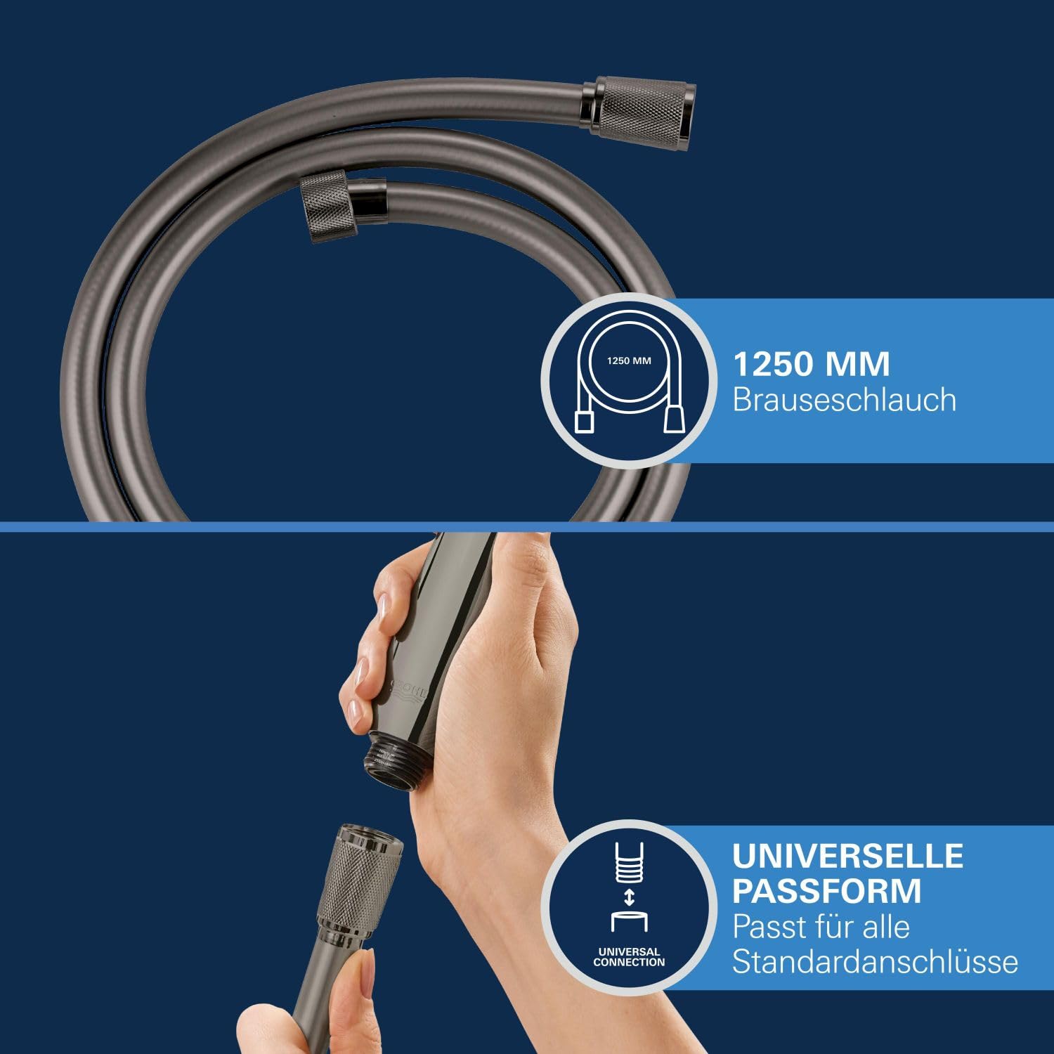 GROHE Silverflex, knickfester Duschschlauch, anthrazit, 1,25m (robuster Brauseschlauch, druckbeständig, universaler Anschluss, keine Dichtungsringe notwendig), hard graphite, grau, 28362A01