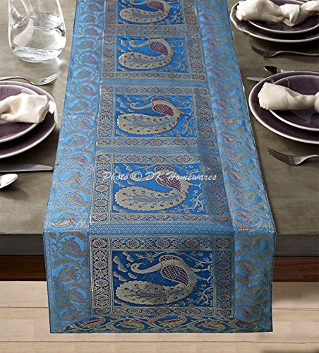 DK Homewares Kaffeetisch-Dekor Indisches Traditionelleses Türkis Tischläufer Brokat 60 X 16 Zoll Jacquard Pfau Blumen- 5 Ft Satin Stoff ESS-Herzstück (150 X 40 cm/Türkis Gold) Cover