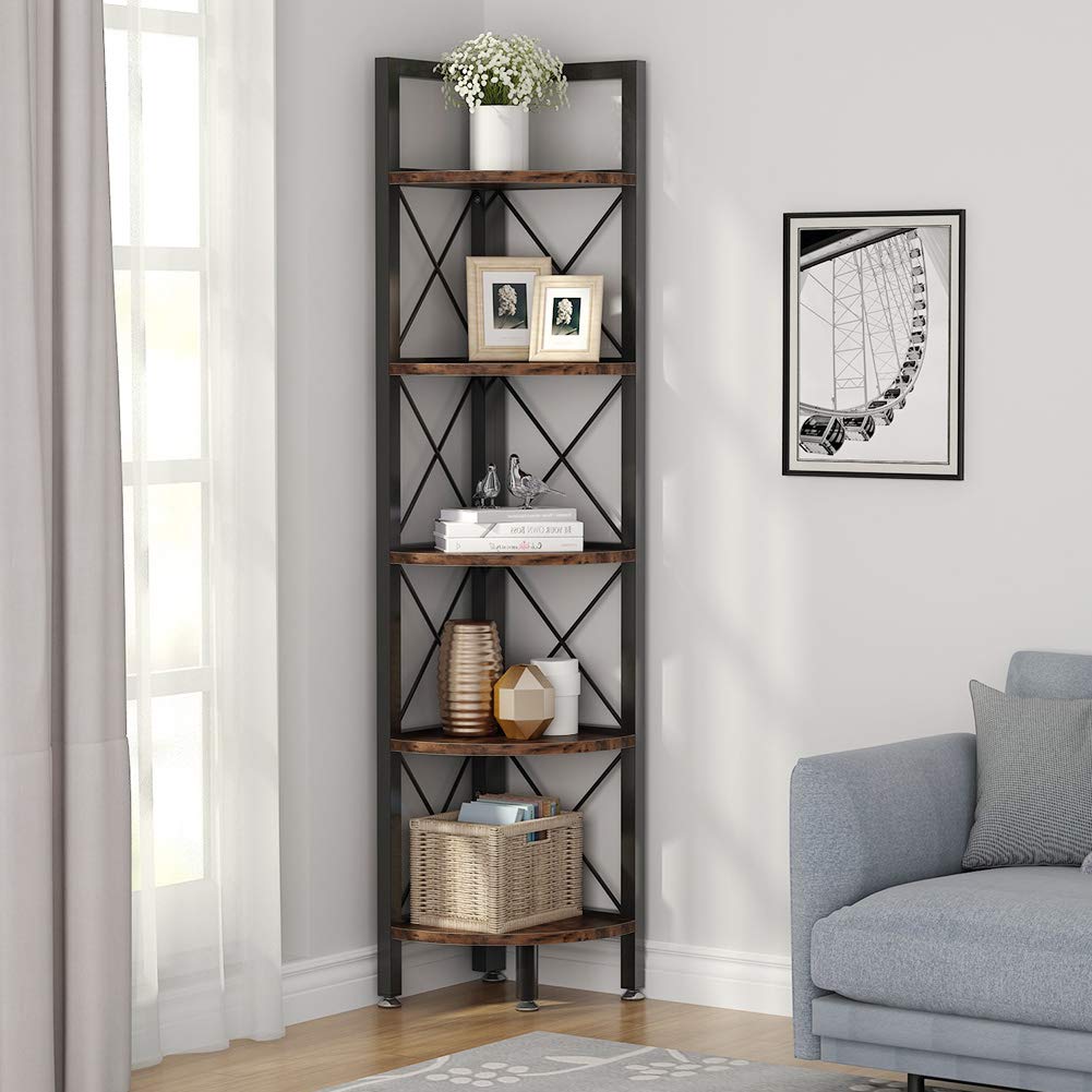 Tribesigns 5 Tier Corner Shelf, Rustic Corner Bookshelf Small Bookcase