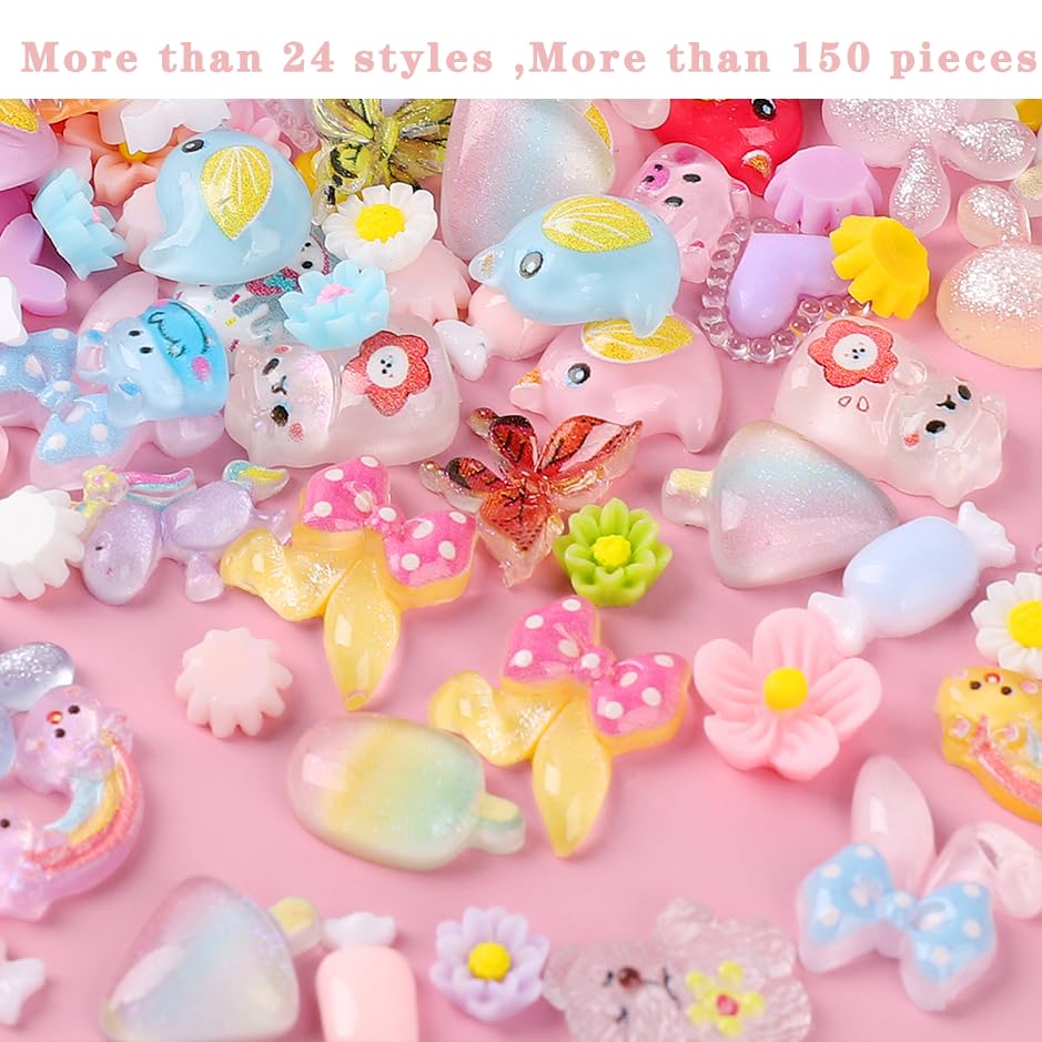 COOSLIM 150pcs Cute & Sweet 3D Nail Charms for Acrylic Nails, Flower Cherry Bear Butterfly Charms for Nail, Perfect for Nail Art Decorations & DIY Accessories Crafts.B
