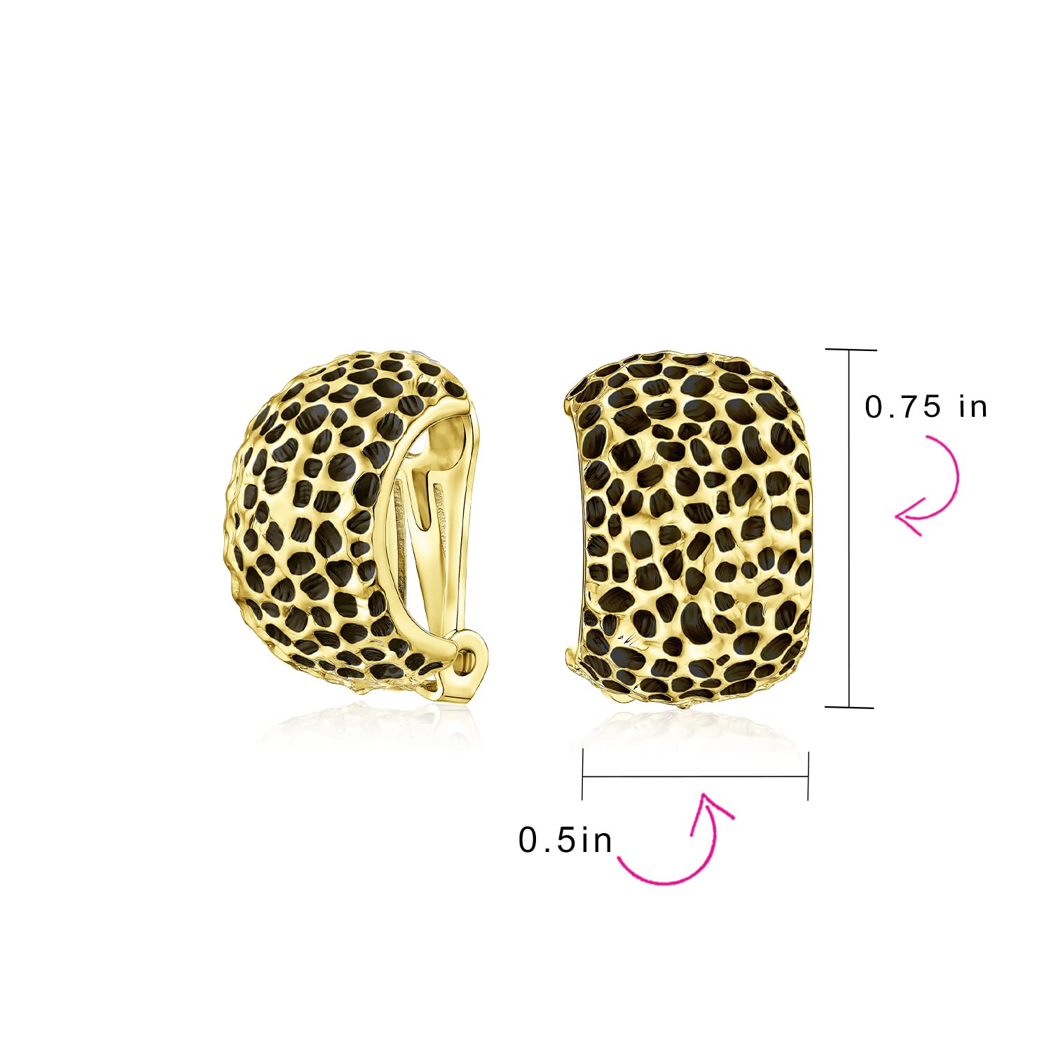 Set di due orecchini a clip a mezza cerchio con texture maculata martellata leopardata per donne senza orecchie forate placcati in nero, argento e oro.