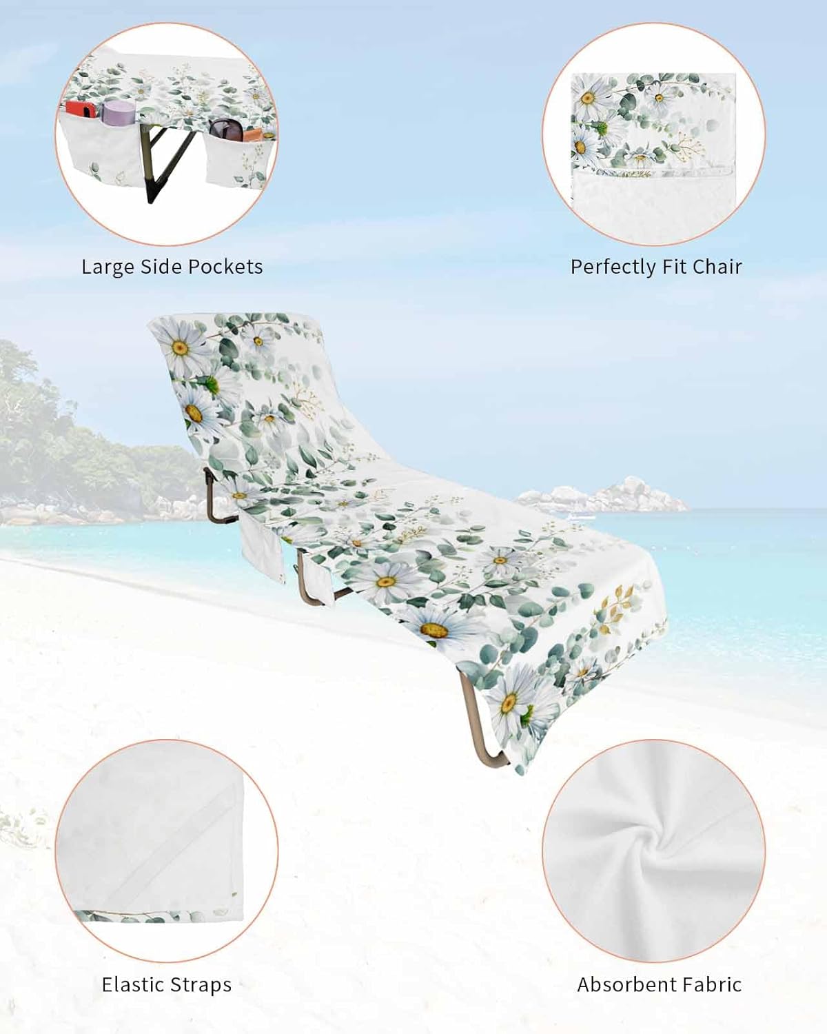 Eucalyptus Green Leaves Beach Pool Patio Lounge Chaise Chair Cover Towel With Pockets,Absorbent & Quick Dry Microfiber Towel Cover Bag Summer Sunbathing Accessories Farmhouse Summer Fall Daisy Flowers
