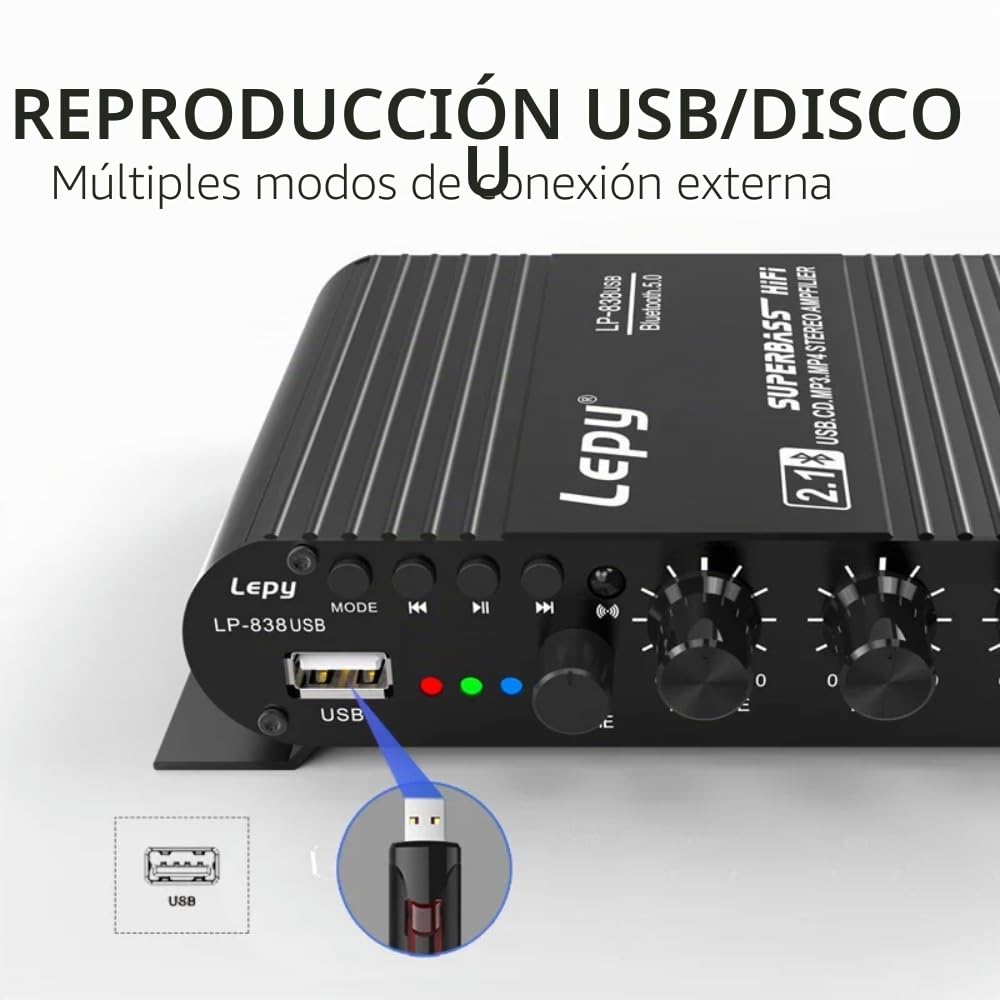 LP-838USB Bluetooth 5.0 Amplificador 2.1 3 canales Soporte Super Bass Reproducción USB con mando a distancia