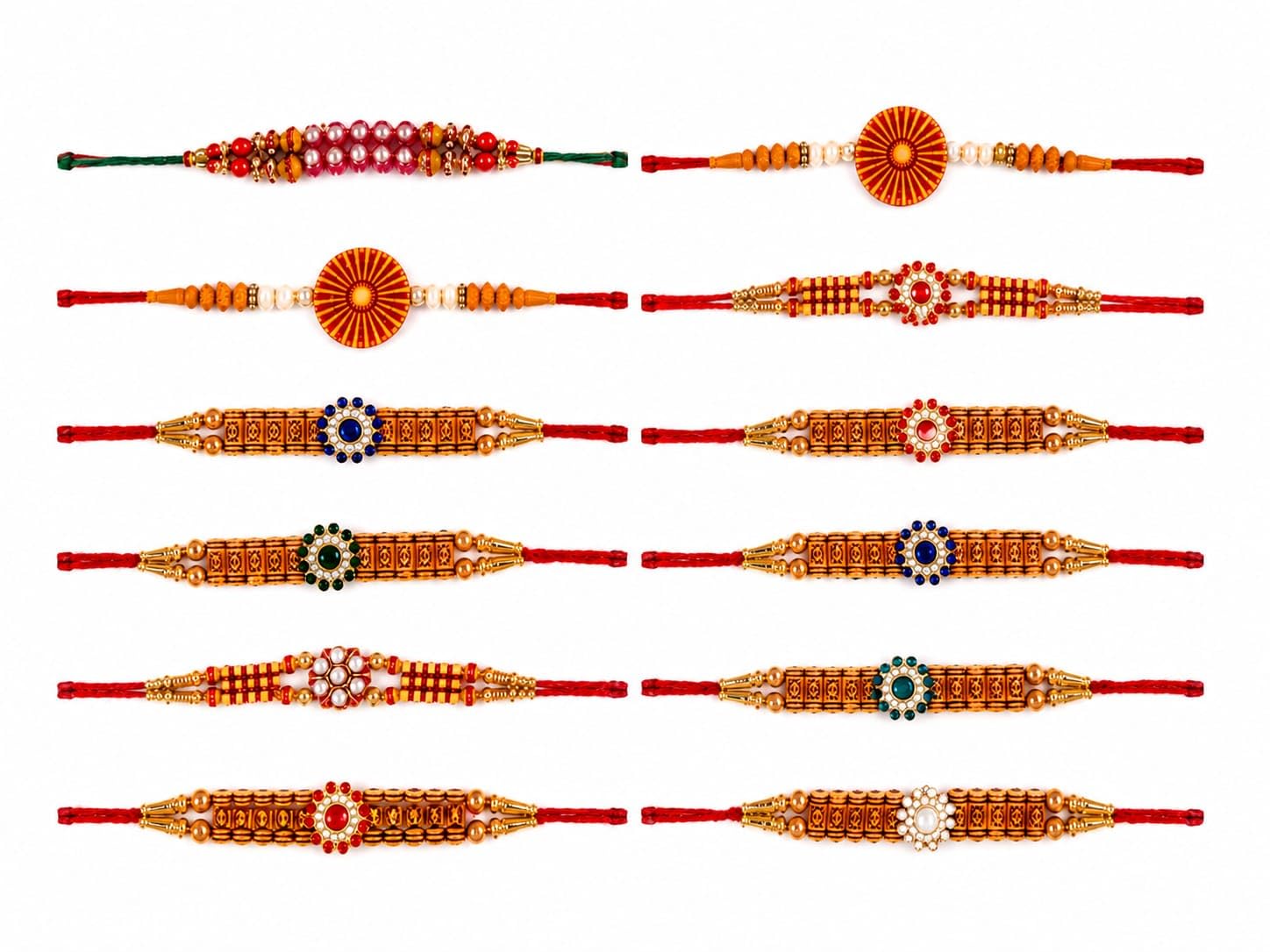 Traditional Designer Wooden & Stone Studded Rakhi Set for Brother & Bhabhi/Family - Combo Pack of 12 Multicolour Rakshabandhan Wristbands with Beads & Pearls-image-24