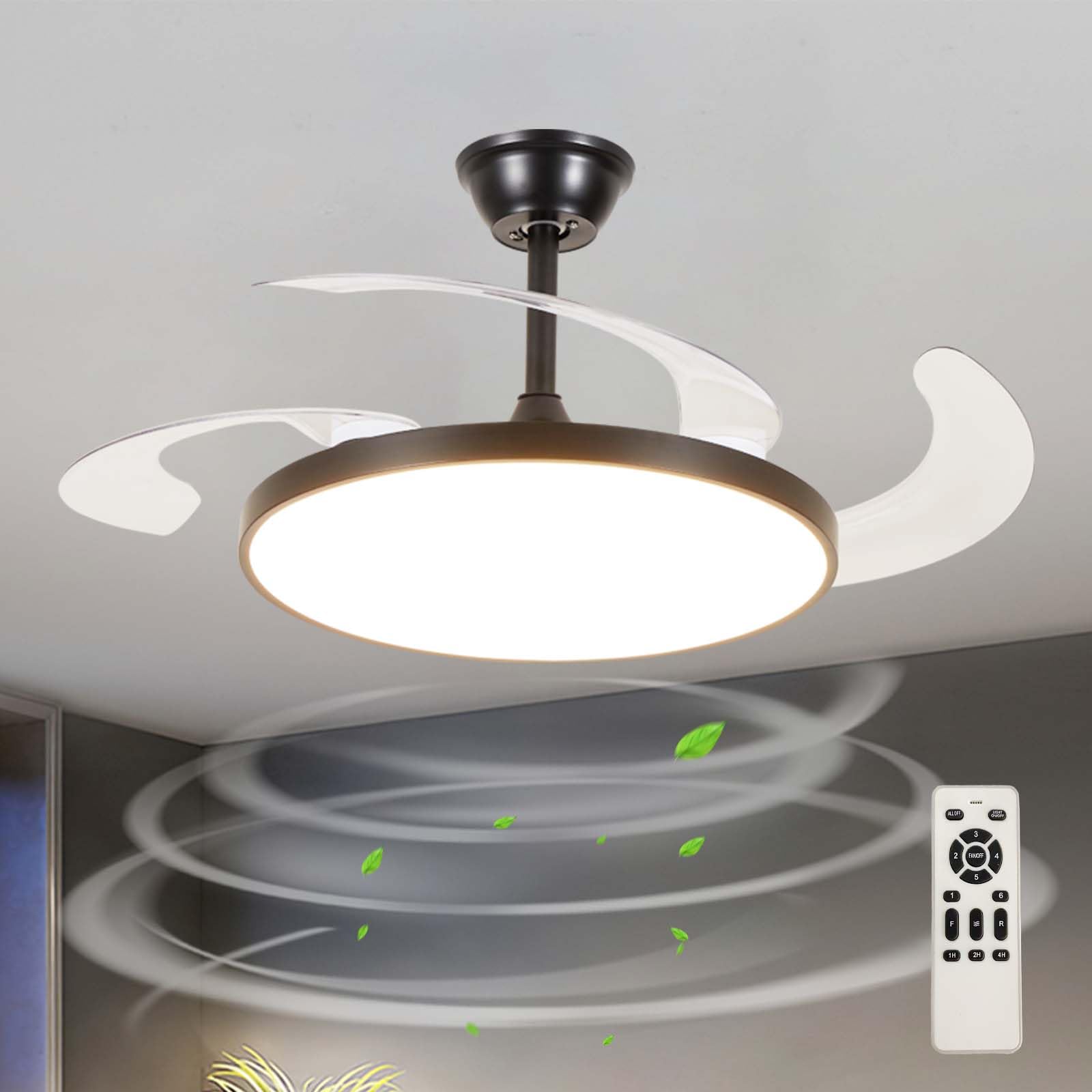 SXDMOUBK Modern Retractable Ceiling Fan with Light Remote Control Silent Operation Dimmable LED Reversible Blades 6 Speed Settings 108cm Black Fixture
