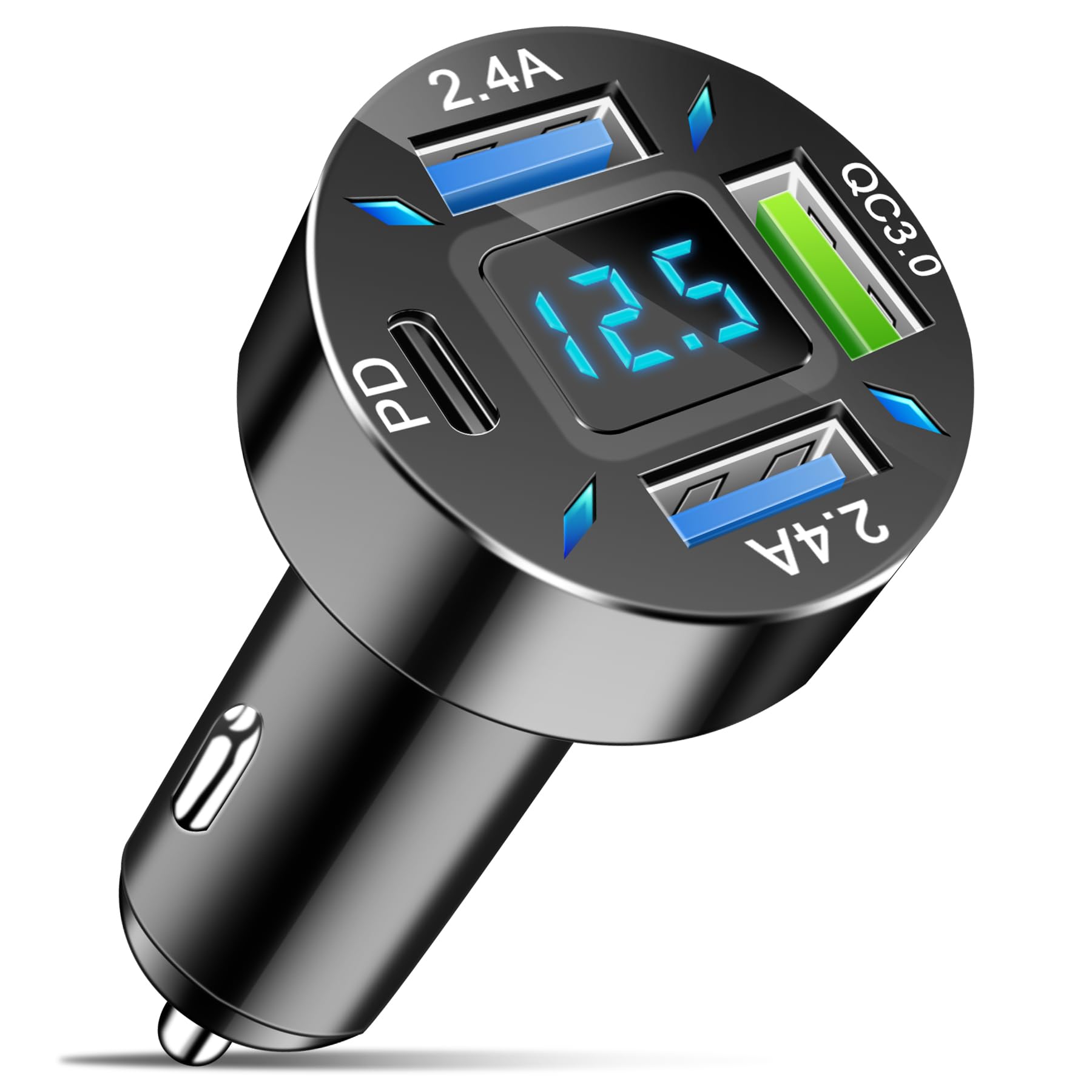 LivTee Chargeur de voiture à 4 ports, adaptateur allume-cigare 12-24 V avec 3 ports USB et 1 port USB-C, prend en charge la charge rapide QC/PD, dispose d'un affichage numérique et de lumières LED