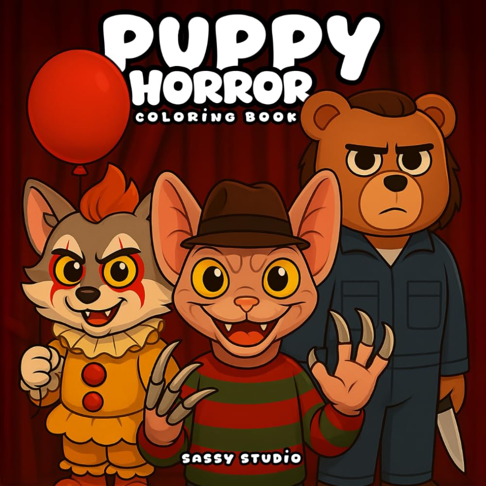 Puppy Horror: An adult parody coloring book featuring iconic horror characters for fans of dark comedy and creepy-cute vibes