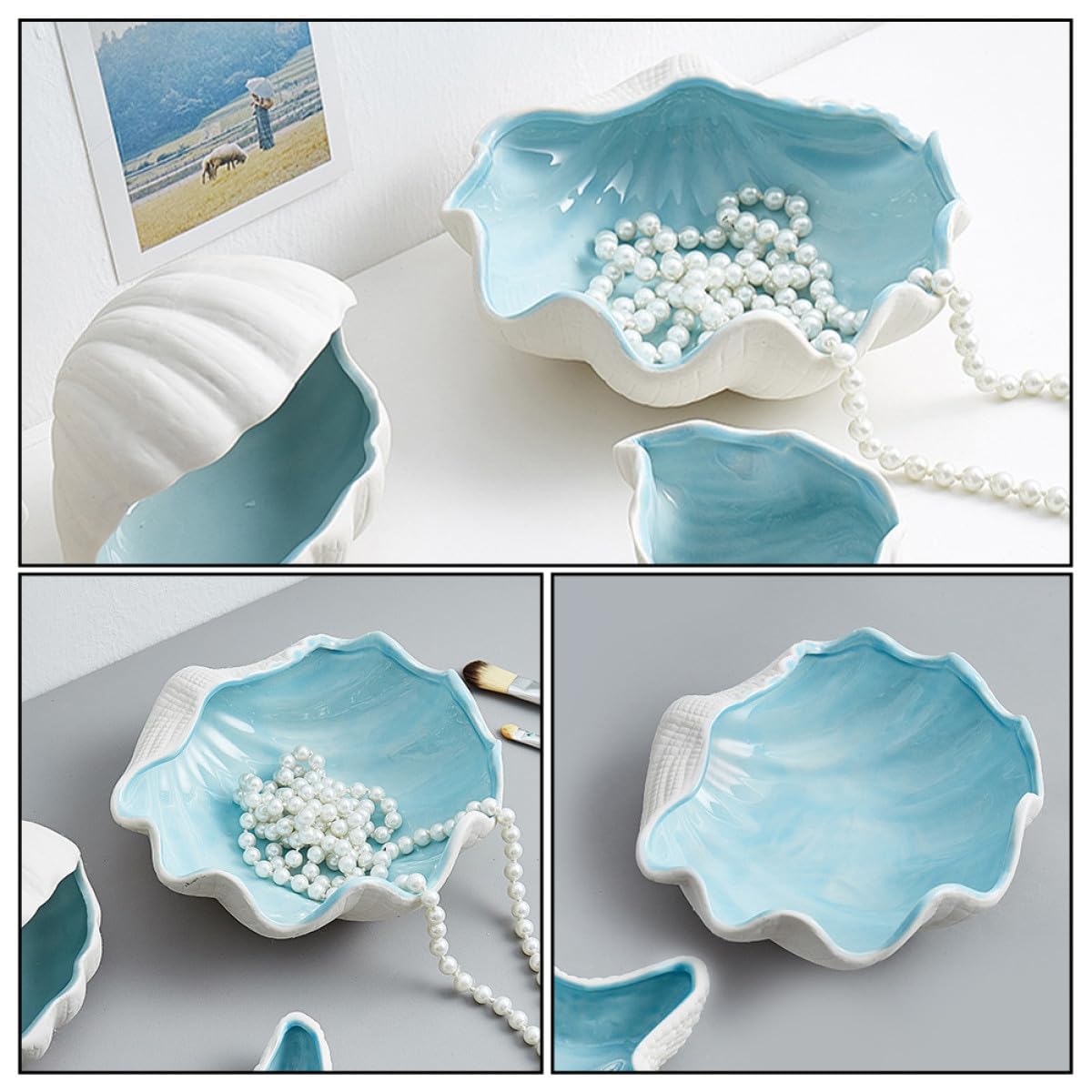 Bandeja Organizadora de Joyas de Cerámica Forma de Concha Azul, Plato Decorativo Multiusos para Almacenamiento y Decoración del Hogar
