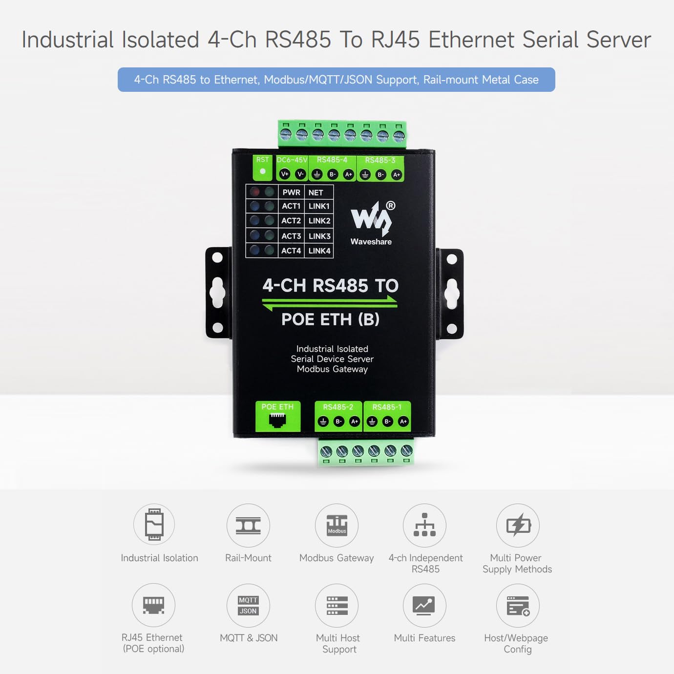 Waveshare 4-Ch RS485 to RJ45 Ethernet Serial Server, 4 Channels RS485 Independent Operation, Rail-Mount Industrial Isolated Serial Module, Modbus Gateway, PoE Ethernet Port