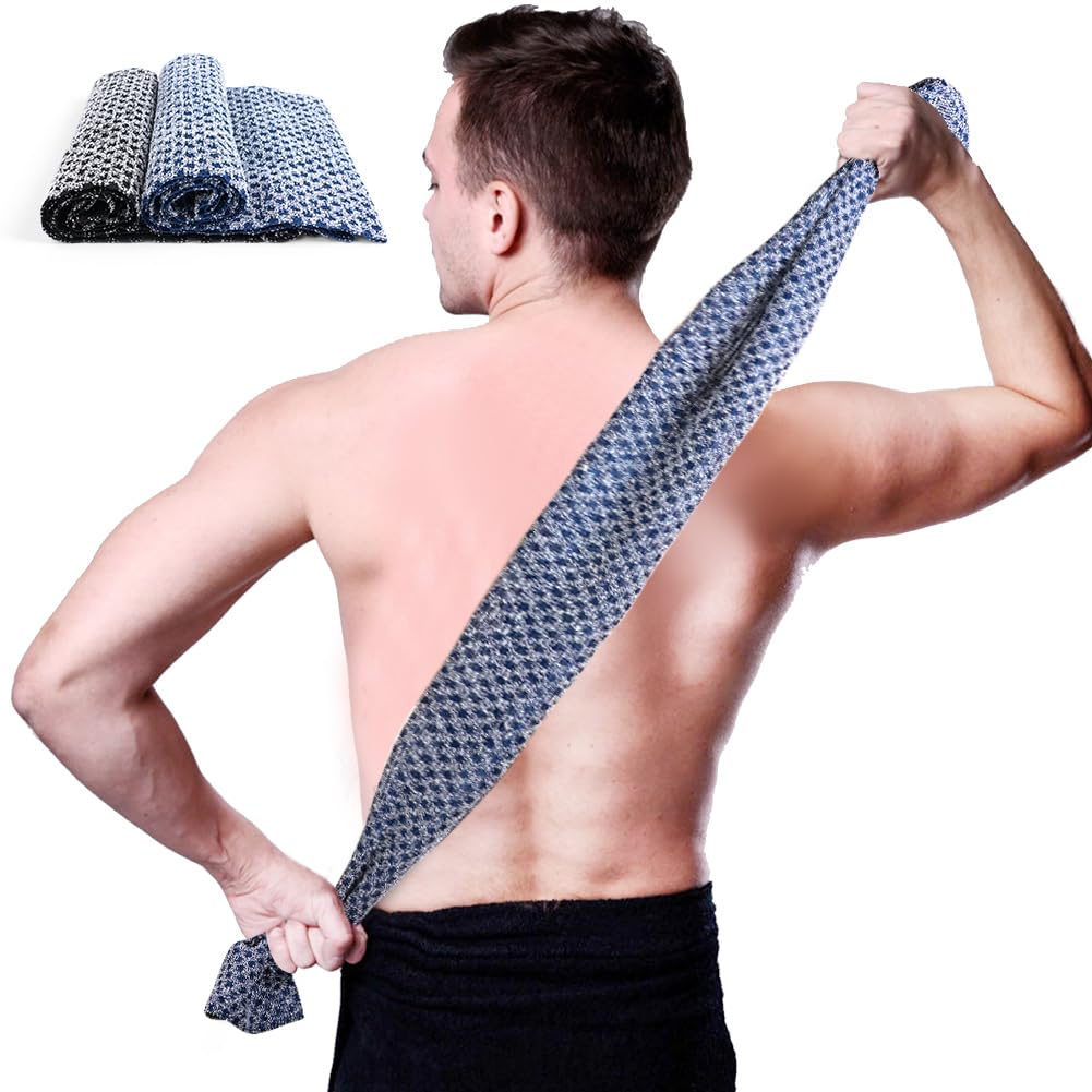 LOPHE 2 Pcs Long Exfoliating Washcloth, Extra Long Exfoliating Body Towel, Deep Exfoliating Towel Natural Body Exfoliator Bath Scrub Loofah, Cleaning Dirt and Dead Skin for Men Women (Black+Blue Grid)