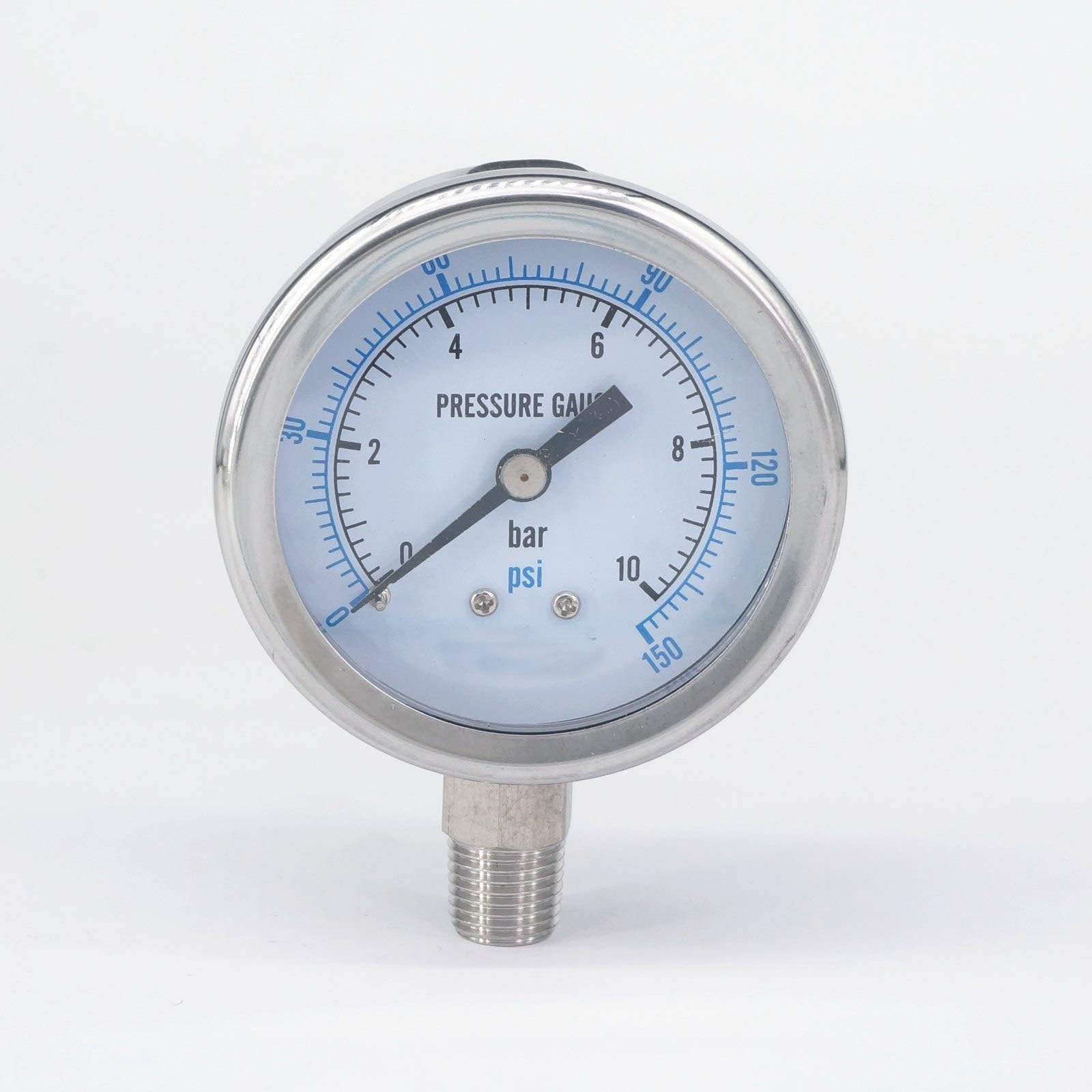 0-10 Bar 1/4" NPT Male 60mm Dial Pressure Gauge 304 Stainless Bar PSI N2 Steam Brewing Pneumatic